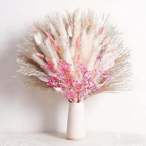 Bunny Tails Dried Flowers Bouquet Nature Colorful Pampas Grass with Baby Breath Dry Flowers for Home Room Valentines Day Table Wedding Decor (Pink)