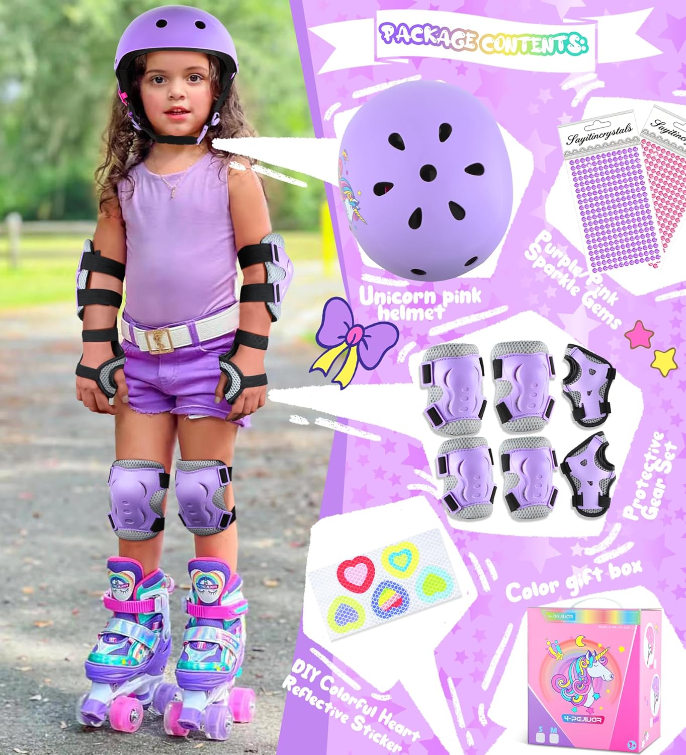 Kids Bike Helmet for Girls,Unicorn Adjustable Toddler Helmets with Knee Pads Wrist Guards and Elbow Pads Set