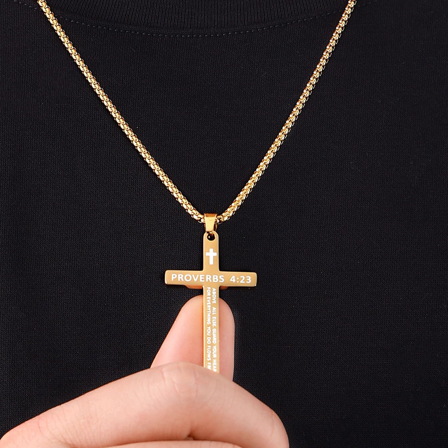 Fiusem Bible Verse Cross Necklace for Men, Stainless Steel Mens Necklace, Black/Gold/Silver Tone Cross Pendant for Men - Image 3