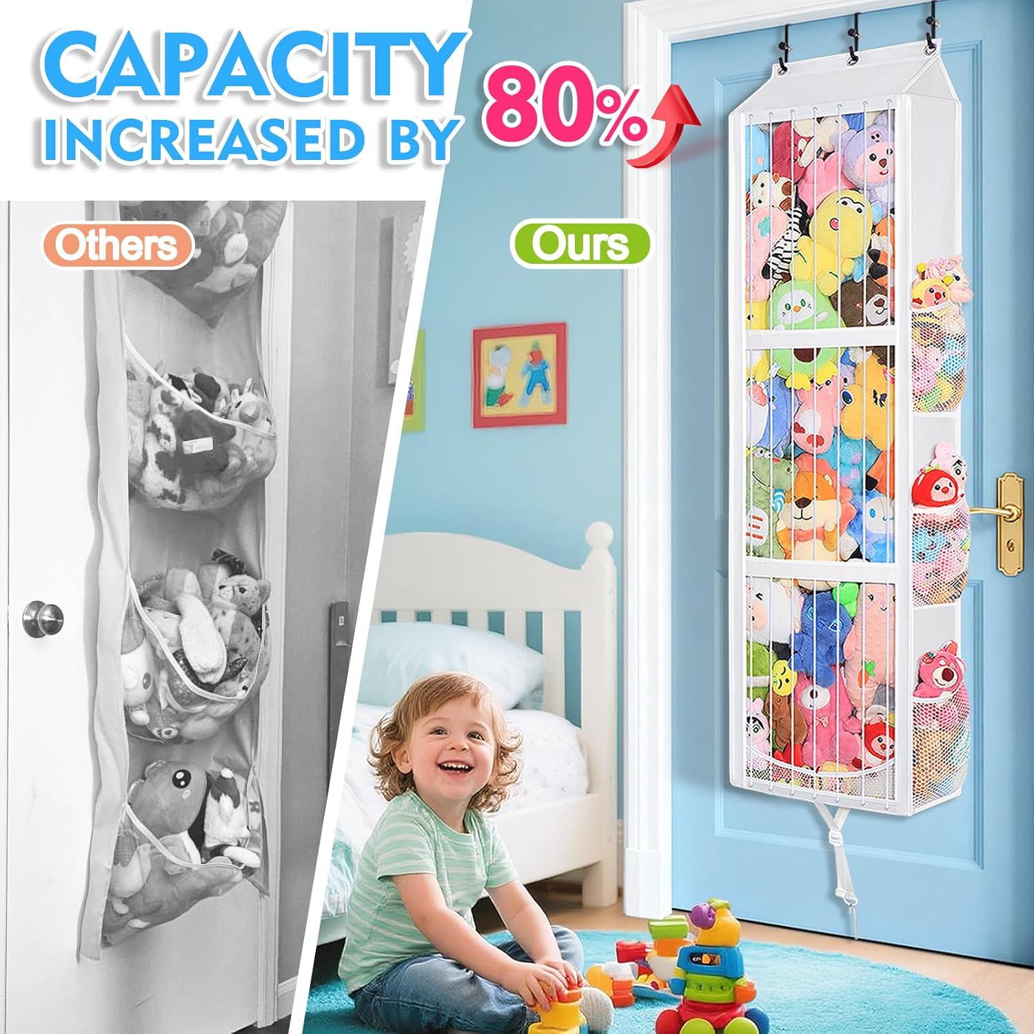 Toread Large Capacity Over the Door Stuffed Animal Storage – Patent Elastic Rope Design Easy Store Plush Toy Stuff Animal Organizer Suitable for Kids Room Toy Holder Bedroom Hanging Stuffie Storage