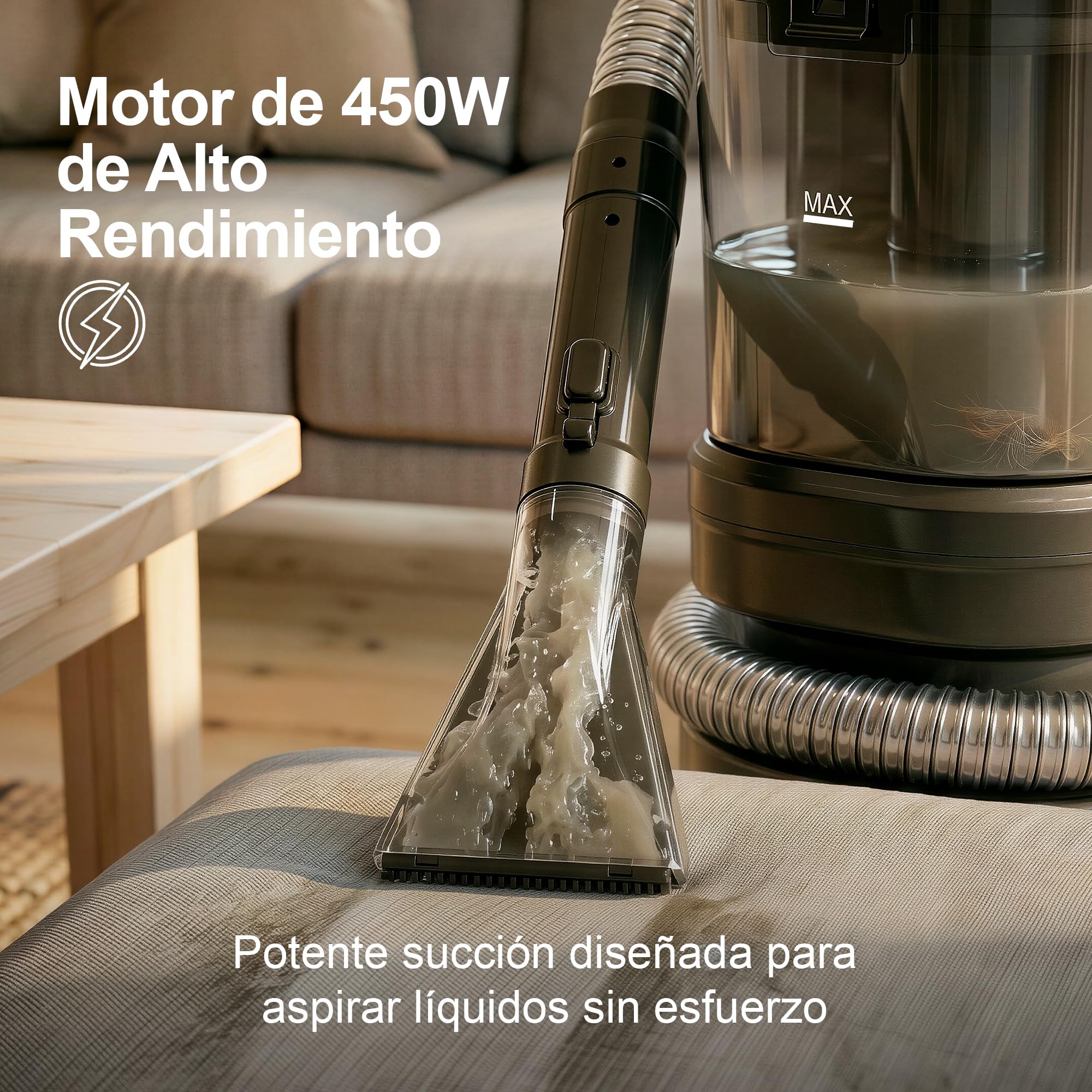 Aspirador de Agua | Limpiador Tapicerías Profesional | 450W Potente Succión | Limpieza en Seco y Húmedo | Cable de 5 metros | Sofás Alfombras Coches | Depósito Doble 1.8L + 0.8L | Aspiradora Portátil