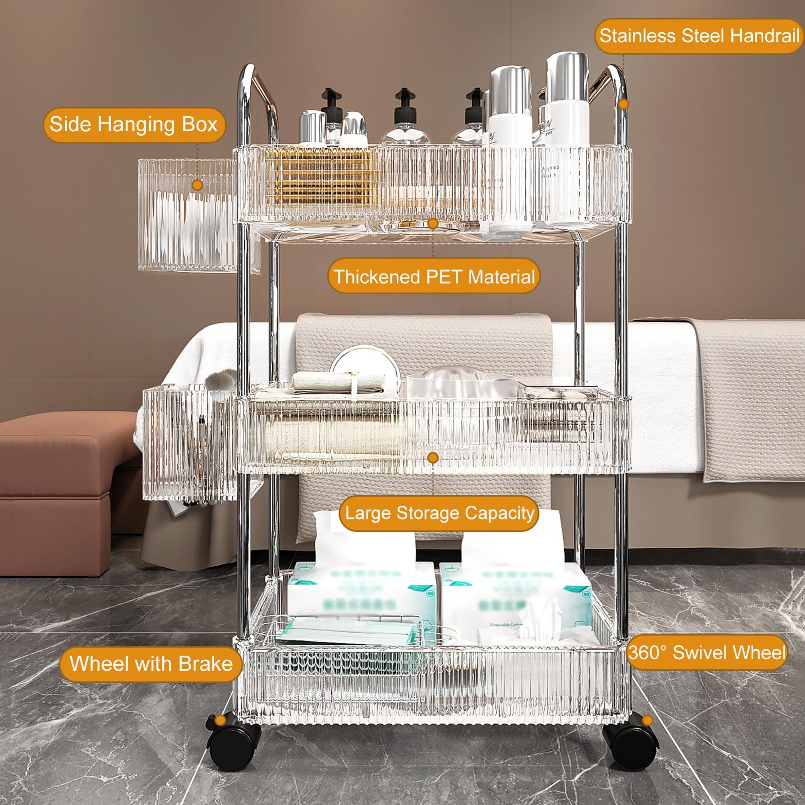 Carrito de Esteticista Carrito Peluqueria Carrito Auxiliar con Ruedas Carrito de Maquillaje Carrito de Belleza Carrito Organizador Carro Almacenaje(Clear)