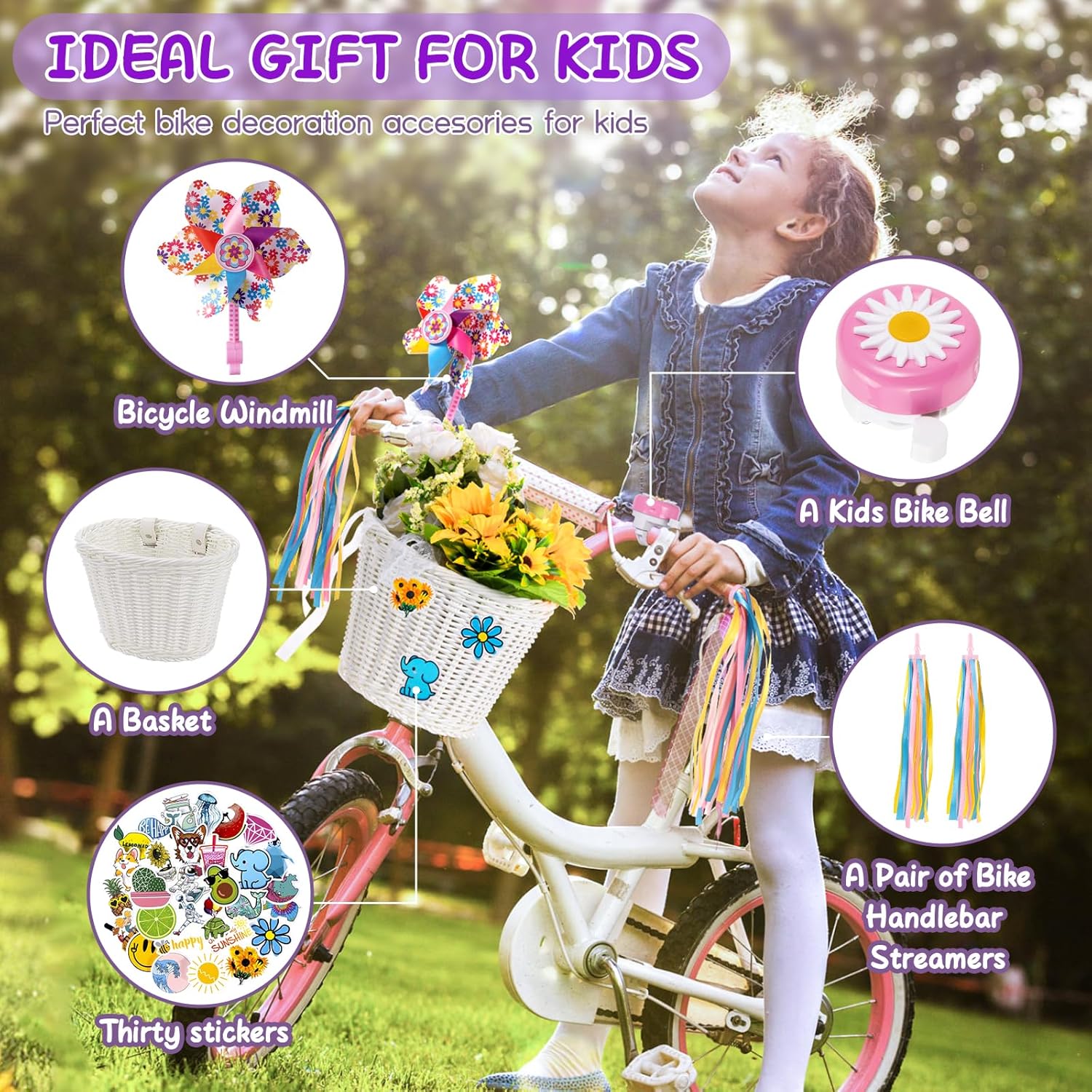 Kids Bike Basket, Bike Basket Front Bike Accessories for Girl Boys, Woven Bicycle Basket with Stickers, Bike Bell, Windmill, and 1pairs Colorful Ribbons Tassels