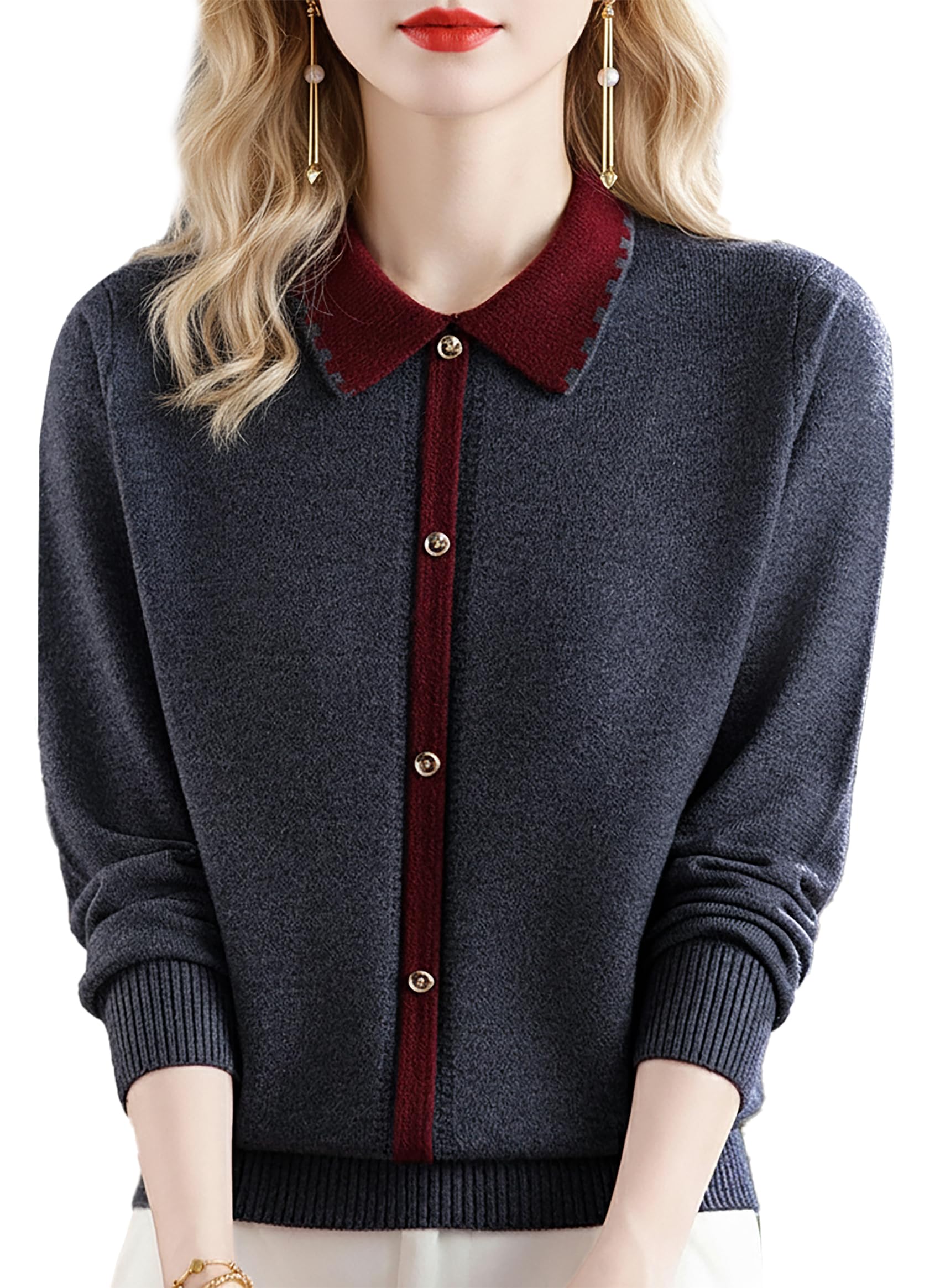 LAI MENG FIVE CATS Womens Knit Button Patchwork Sweater Casual Cable Knit Long Sleeve Fall Winter Outfits