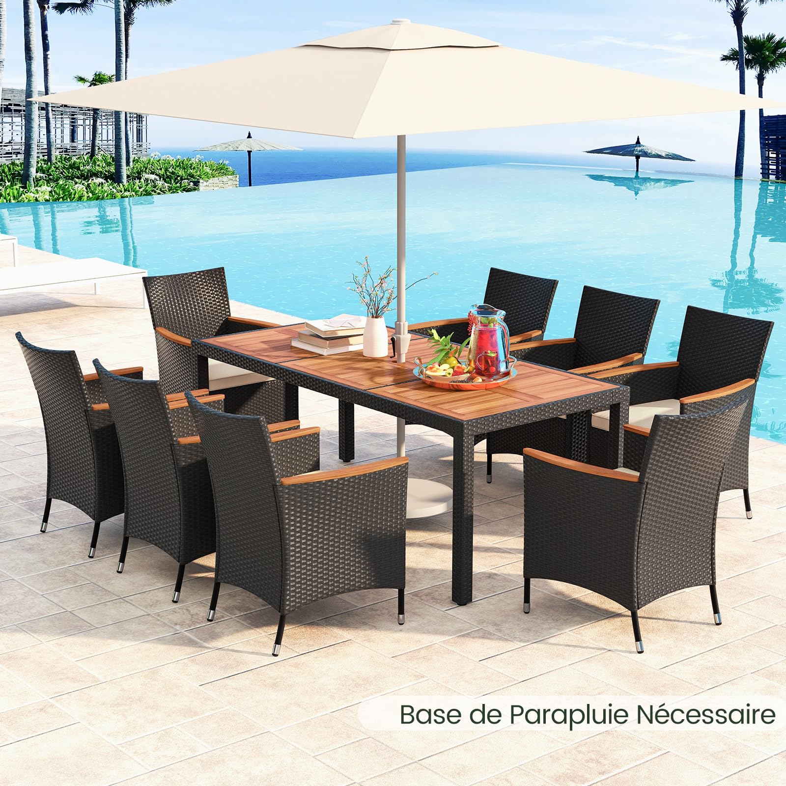 COSTWAY Salon de Jardin en Rotin 9 Pièces pour 8 Personnes Plateau de Table en Acacia, Ensemble de Salle à Manger de Patio avec Coussins Amovibles Trou pour Parasol, Chaise Charge 180KG, Noir+Beige