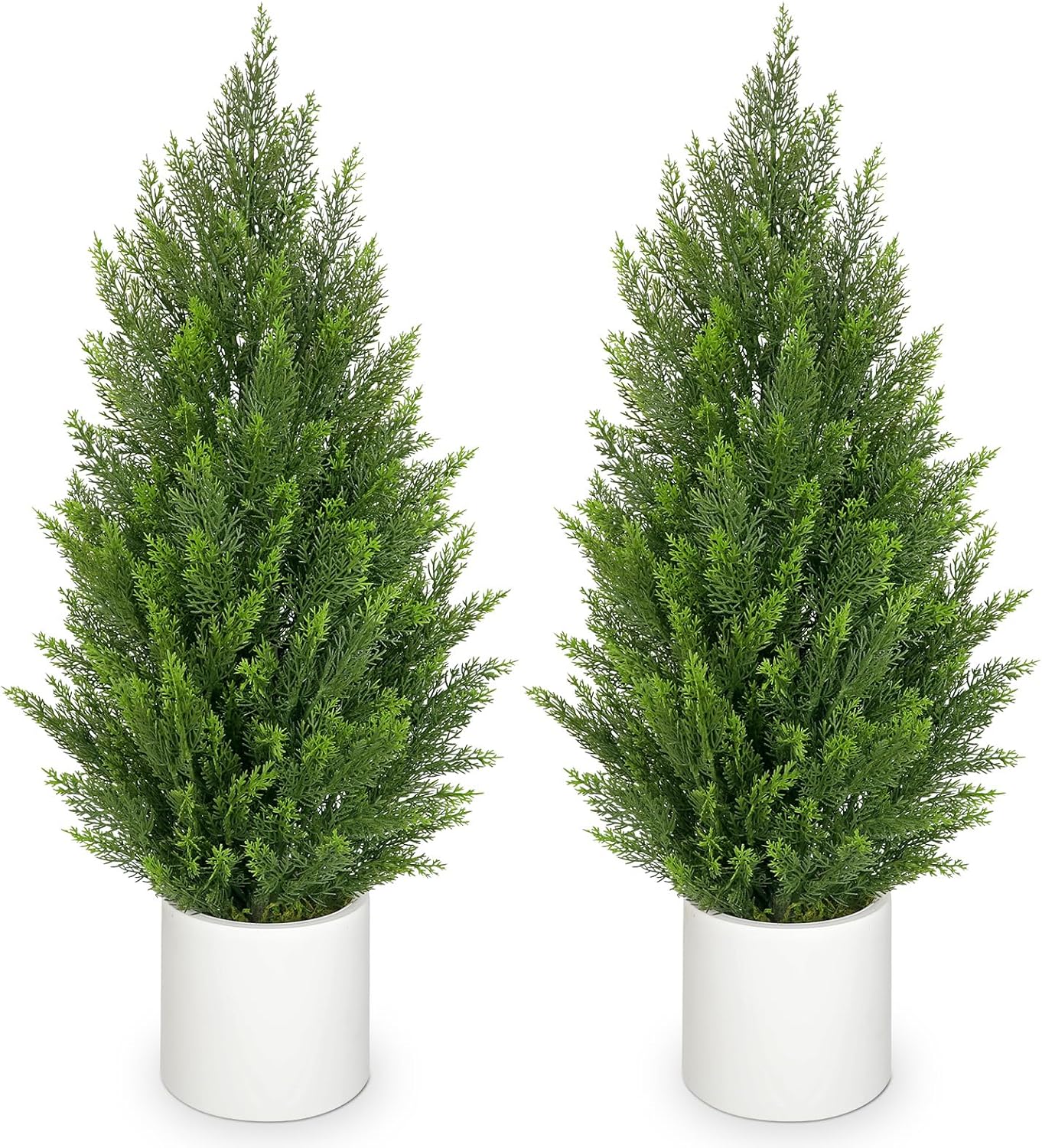 Briful 3ft Artificial Cedar Topiary Trees for Outdoor Decor, Set of 2 Realistic Faux Cypress Potted Plants, Fake Outdoor Front Porch Trees, UV Protection Patio Trees in White Pot for Outside