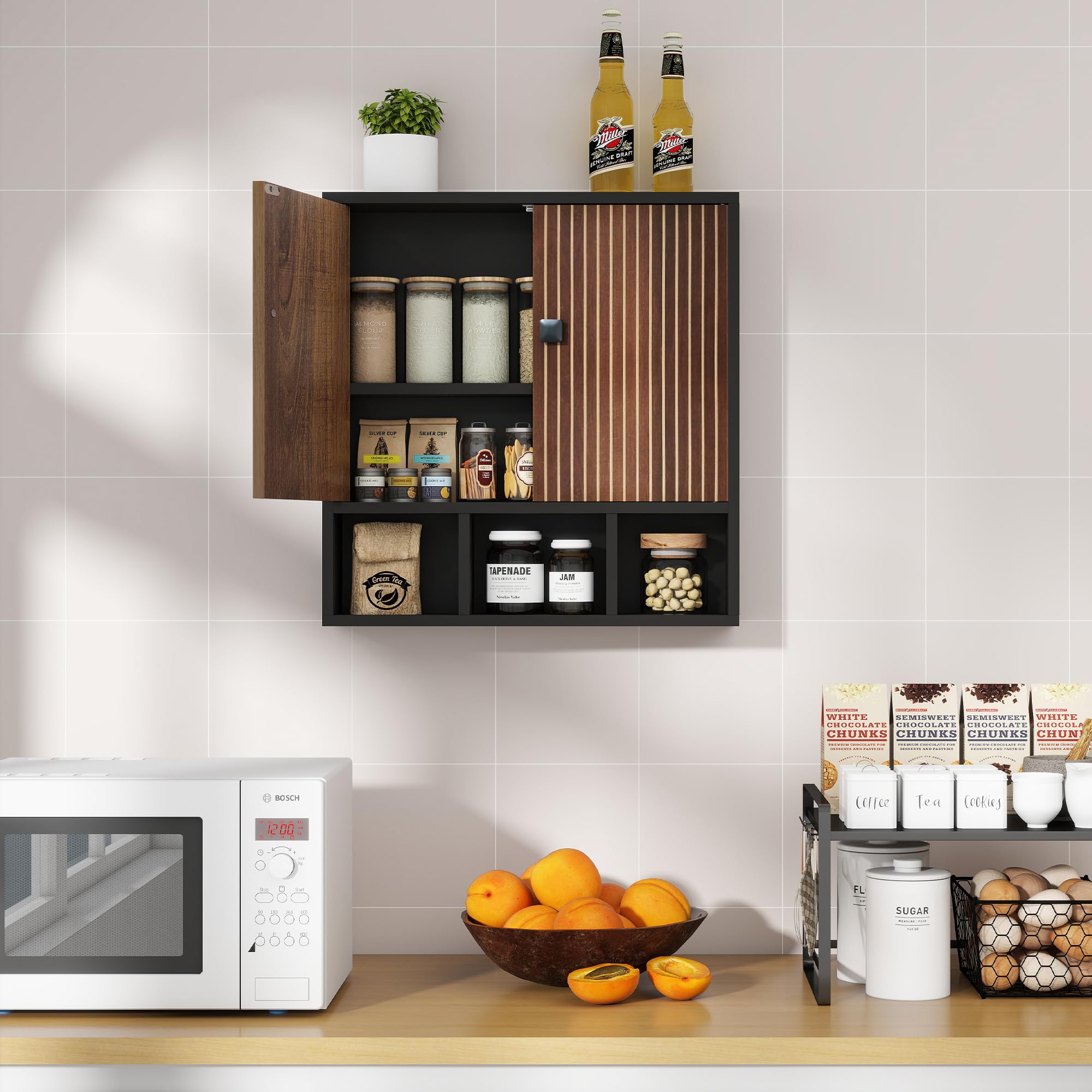 Hängeschrank bad, Badezimmerschrank hängend,Medizinschrank,Medikamentenschrank,Zweitüriger Holz schrank badezimmer,Badschrank mit verstellbaren Böden und offenen Fächern,13 x 56 x 58 cm,Schwarz
