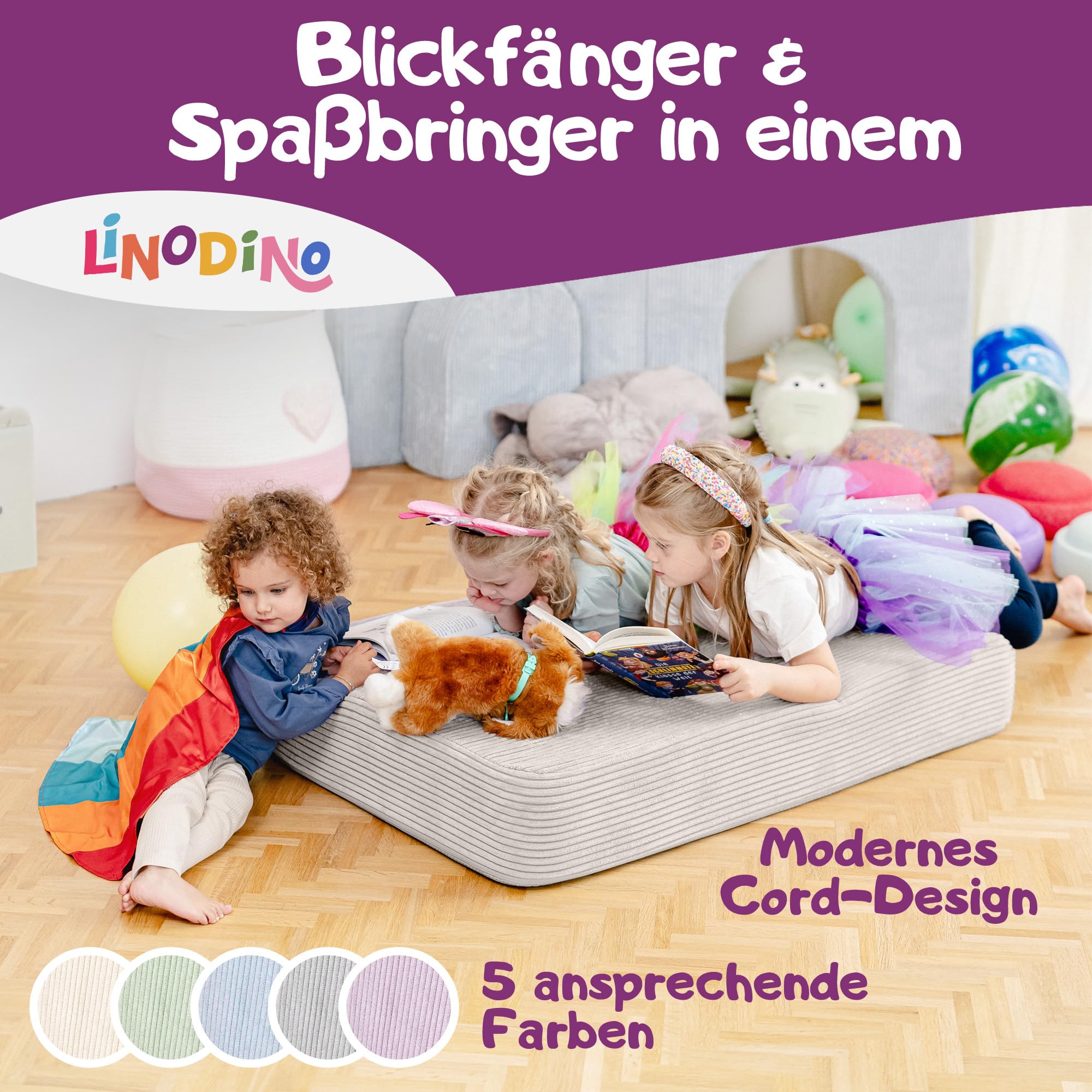 Linodino Hüpfpolster für Kinder 107x70x17cm – Hüpfmatratze Cord-Bezug mit Federkern – Oeko-Tex Standard 100 Zertifiziert & waschbar