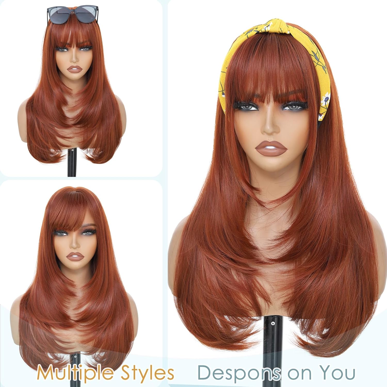 MINLEE Auburn Wig with Bangs for Women 4x4 Realistic Scalp,26 Inch Layered Auburn Hair Wigs Heat Resistant Synthetic Wigs