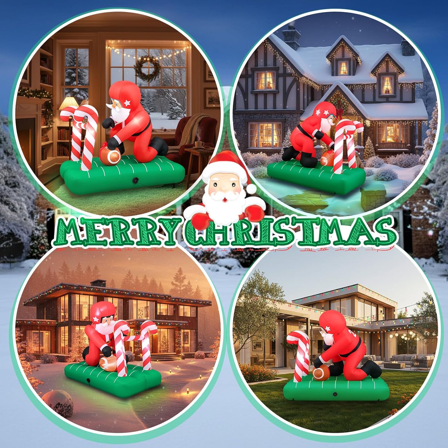 7 ft Long Christmas Football Inflatable Santa Claus Playing Football Blow up Santa Rugby Outdoor Yard Decorations with Built-in LED Lights Weatherproof for Xmas Holiday Garden Family Rugby Party