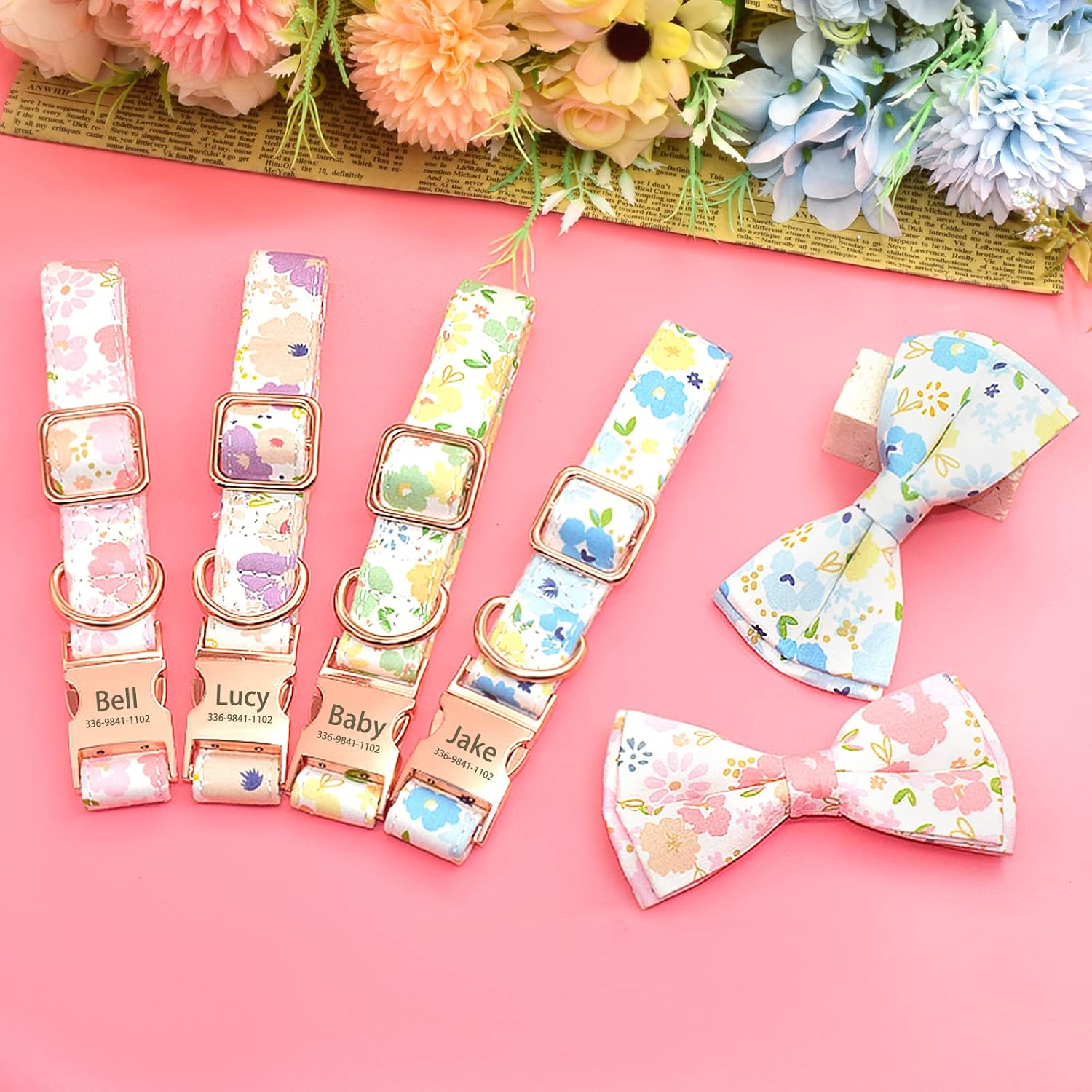 Personalized Cute Bow Tie Girl Dog Collar with Leash, Custom Floral Dog Collar with Name, Engraved Gold Buckle Collar for Female Dogs, Small, Medium, Large Dogs