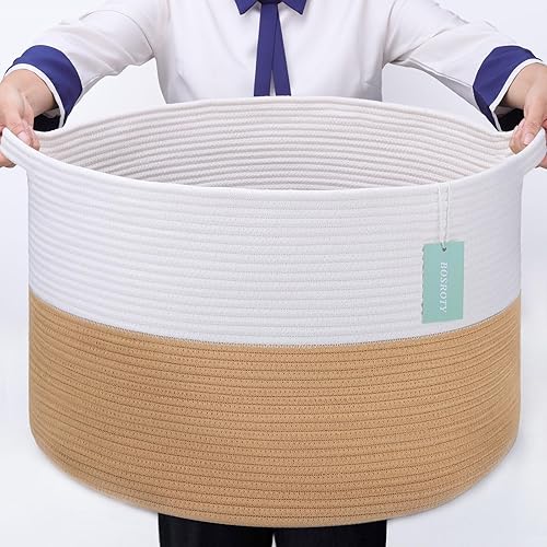 BOSROTY Cesta extragrande para mantas, cesta de lavandería, cesta de cuerda de algodón, 21.7 x 13.8 pulgadas, canasta de lavandería, cesta de