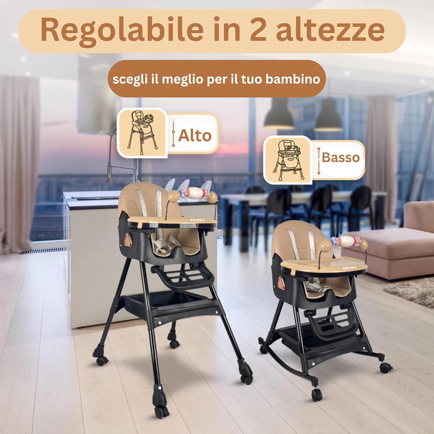 Image showing the Twinky high chair in two different height configurations, labeled 'High' and 'Low'.