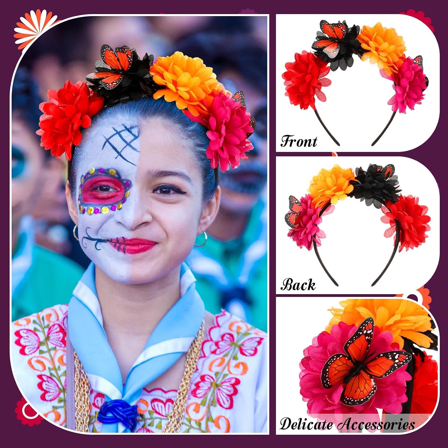 Hotop 10 Pcs Mexican Headbands Hair Flower Crown Accessories with Monarch Butterfly for Fiesta Party Supplies Day of The Dead Decor