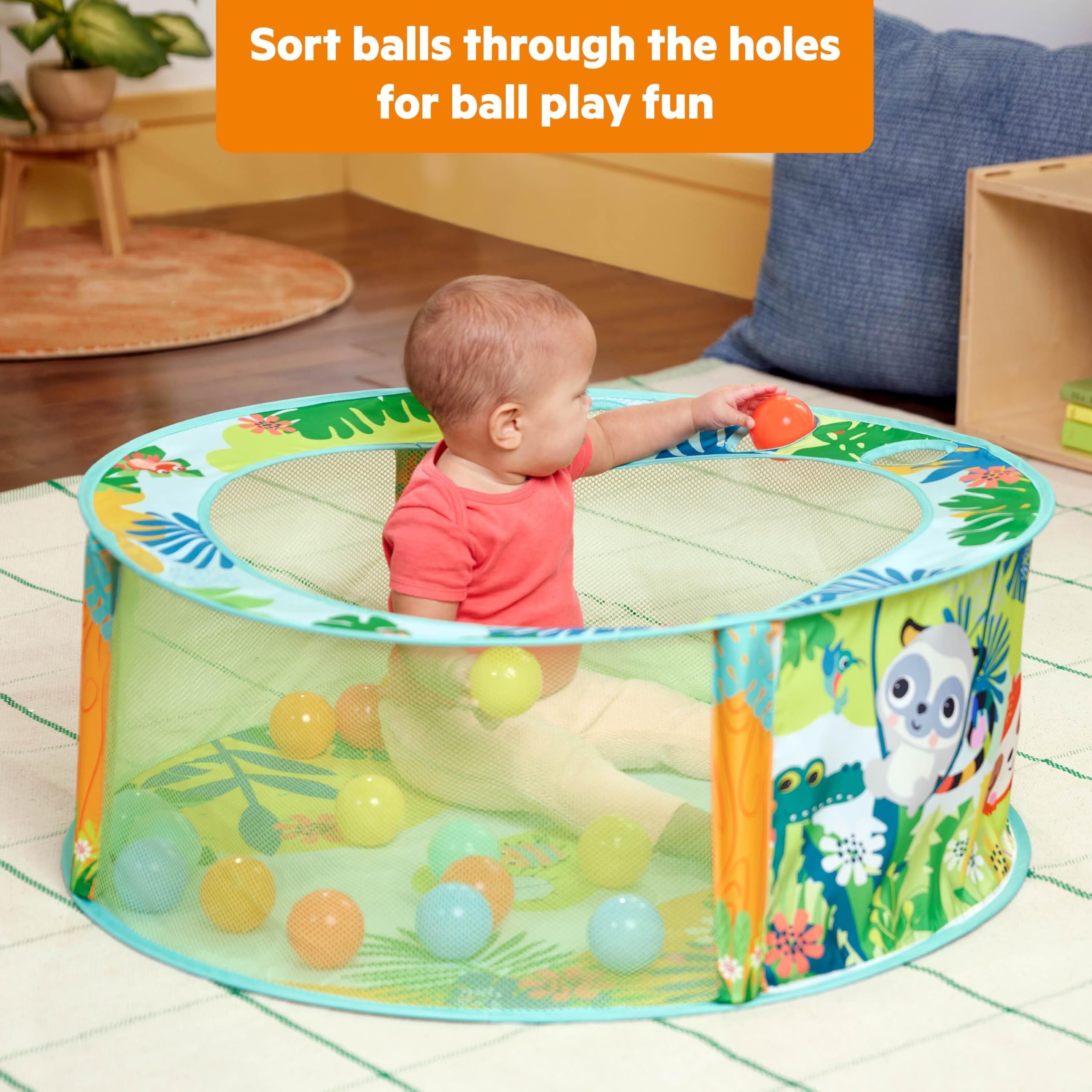 Bright Starts parc à balles pliable Rowdy Rainforest Stow & Go – 20 balles, montage facile et rangement compact, diamètre de jeu 80 cm, paroi en maille avec jeu coucou, sac de rangement inclus, 6M+