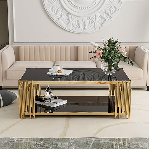 Miniatura 7 de Mesa de café de vidrio dorado Mesa de estar negra moderna con patas de metal de acero inoxidable Mesa central grande rectangular de vidrio templado