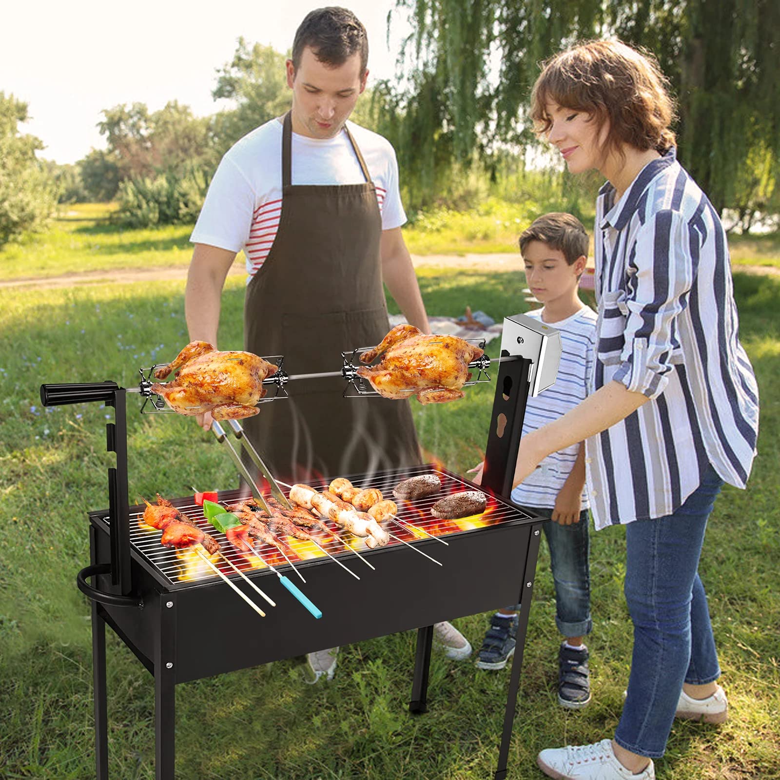 AufuN Zestaw obrotowych szpikulców ze stali nierdzewnej, szpikulec do grilla gazowego 107 cm, z 2 igłami do mięsa, 220 V – 240 V, na podróż, kemping, piknik