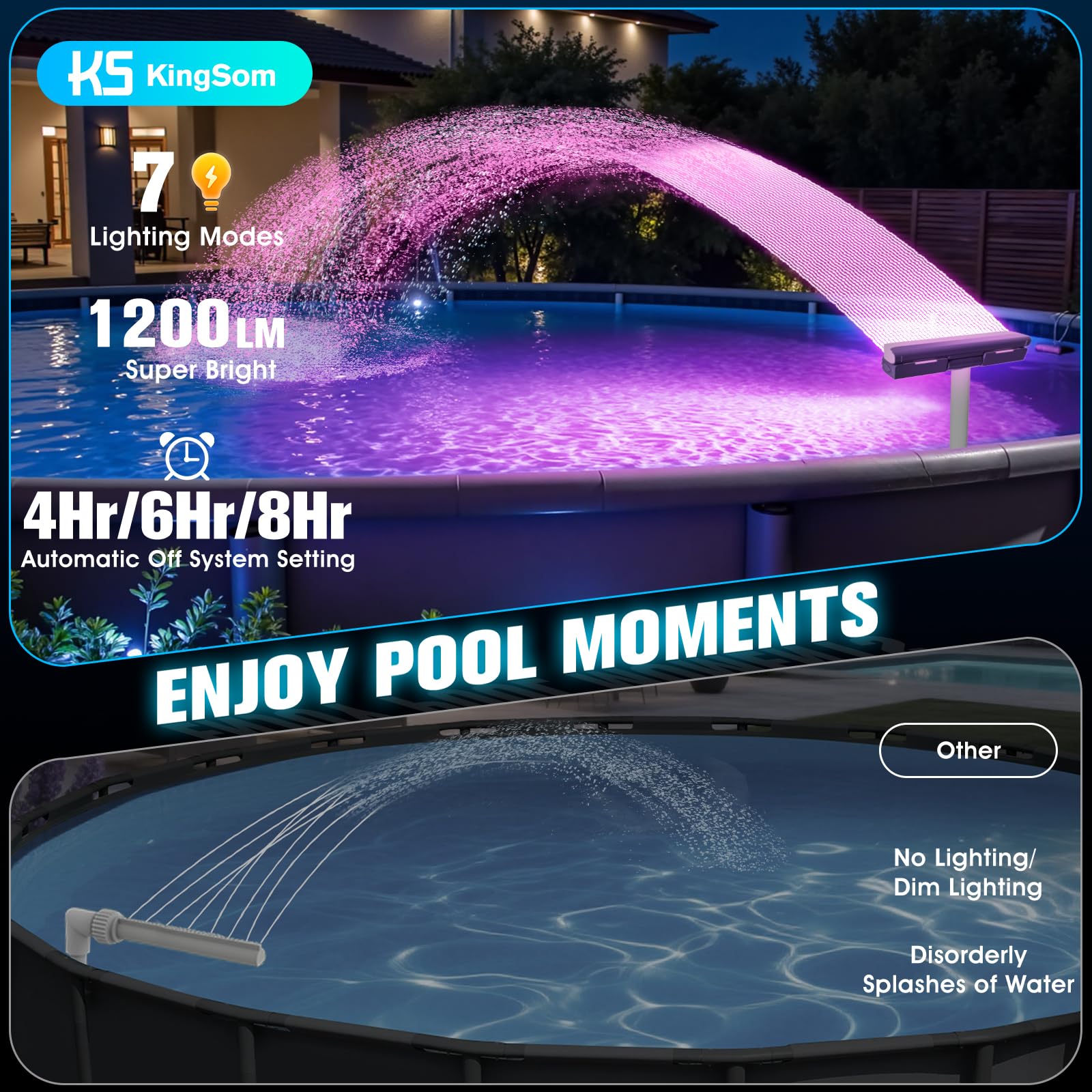KingSom Pool Wasserfall mit LED, Wiederaufladbarer Springbrunnen mit Fernbedienung, Pool Fontäne Violett