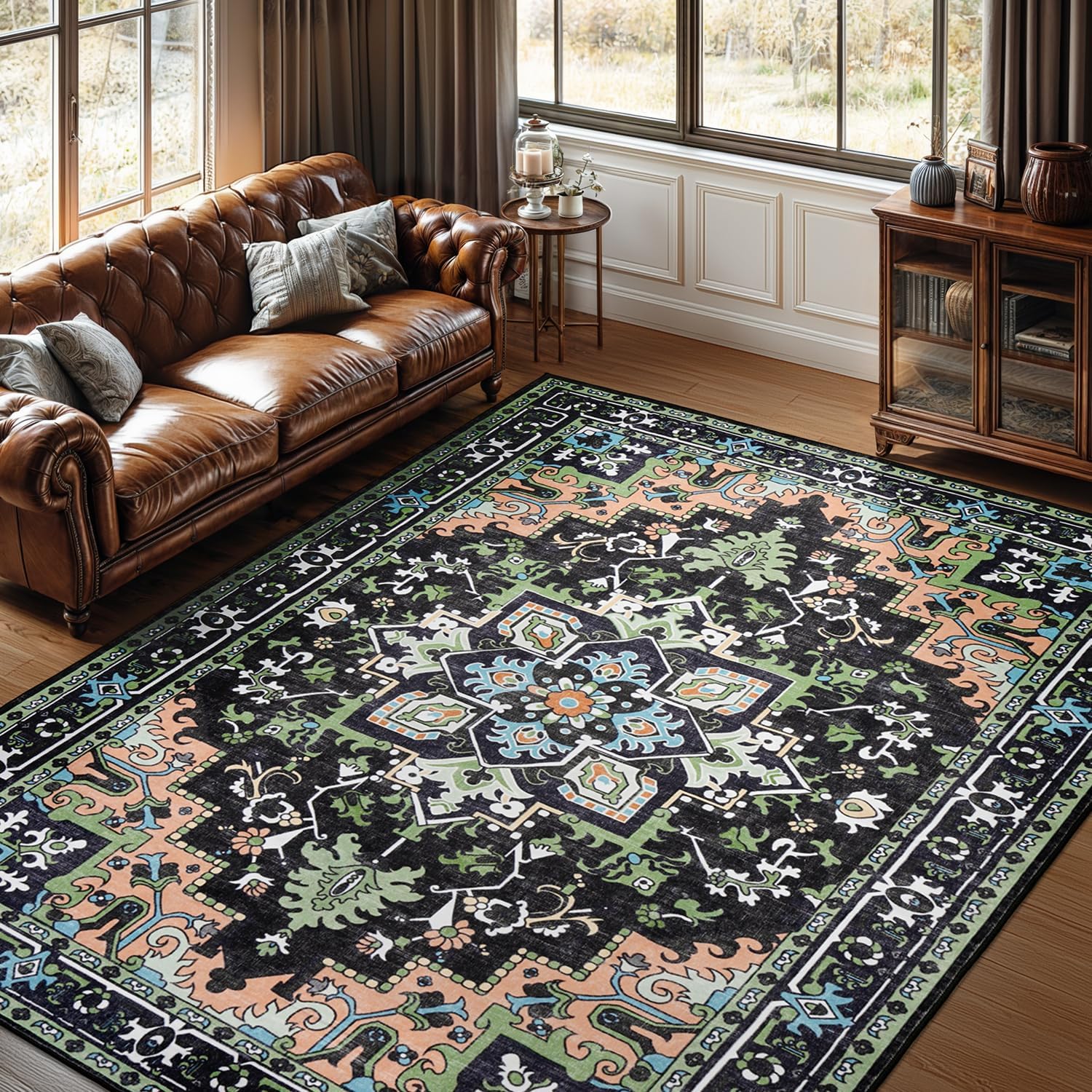 Lofus 8x10 Area Rugs, Large Area Rug for Living Room, Floral Washable Area Rug for Bedroom, Office, Dining Room, Non-Slip Vintage Boho Rug, Low-Pile Soft Carpet, Traditional Oriental Style, Dark Green Dark Green 8' x 10' (Rectangular)