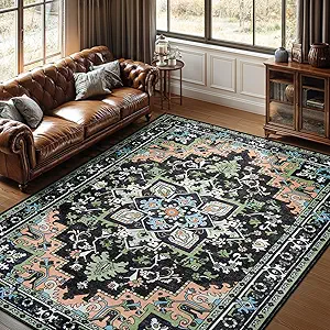 Lofus 9x12 Area Rugs for Living Room, Machine Washable Area Rug, Soft Large Rugs for Bedroom, Kitchen, Office and Indoor, Vintage Boho Carpet, Non-Slip Low Pile Carpets, Dark Green