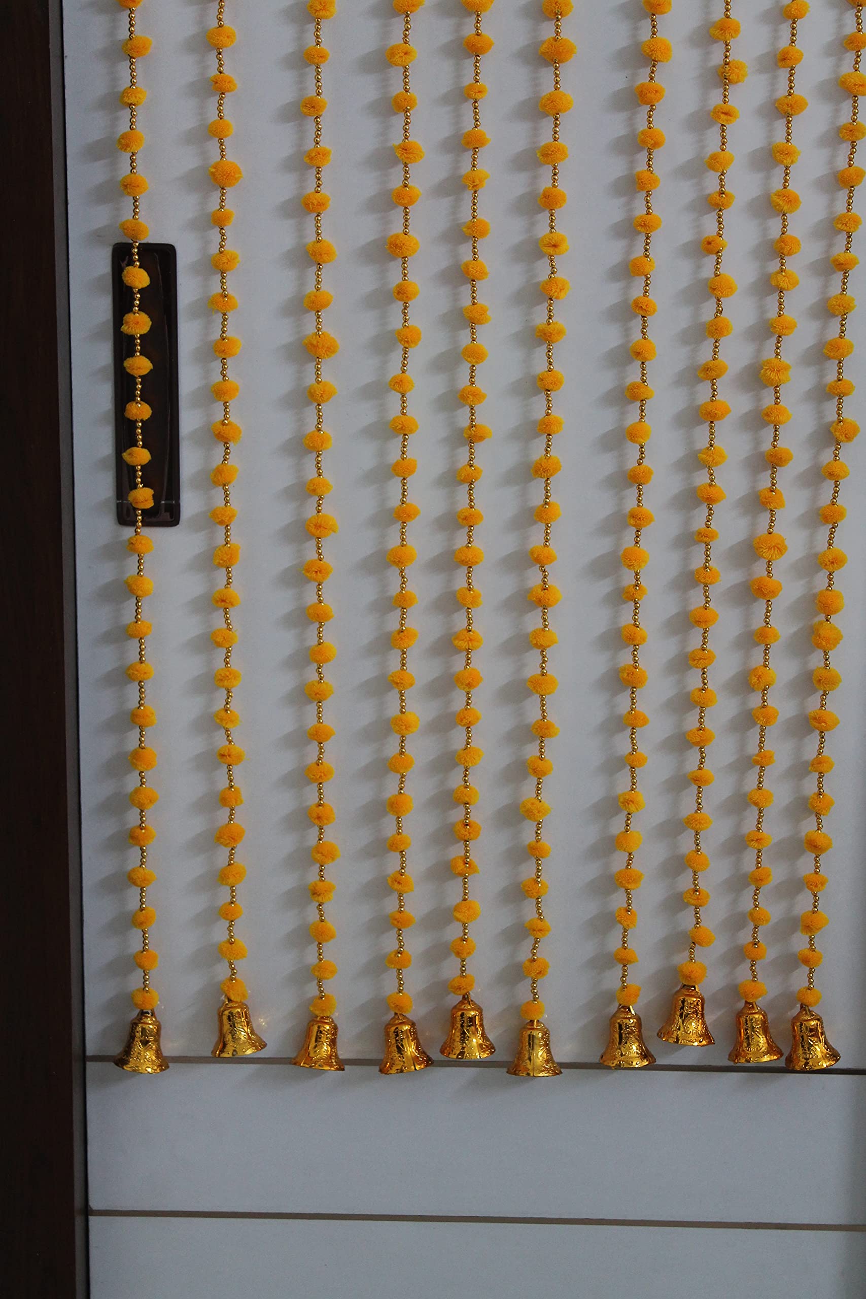 Collections Handmade Woollen Pom-Pom, Golden Beads Strings With Hanging Bells Door Bandhanwar Toran Garland (4 Ft, Yellow)- 5 Strings, 22 CM