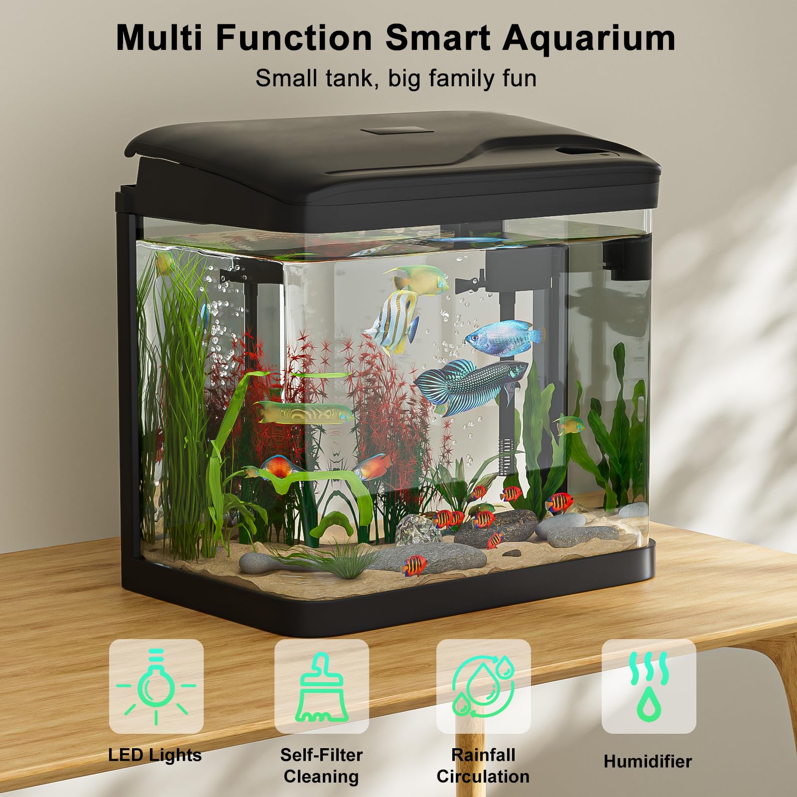 Acuario de Cristal, GuKKK Acuarios y Peceras Completas,Pecera con Sistema de Filtrado Integrado e Iluminación LED,Bajo Ruido y Silencioso,Acuarios de Iniciación, Negro (15L)
