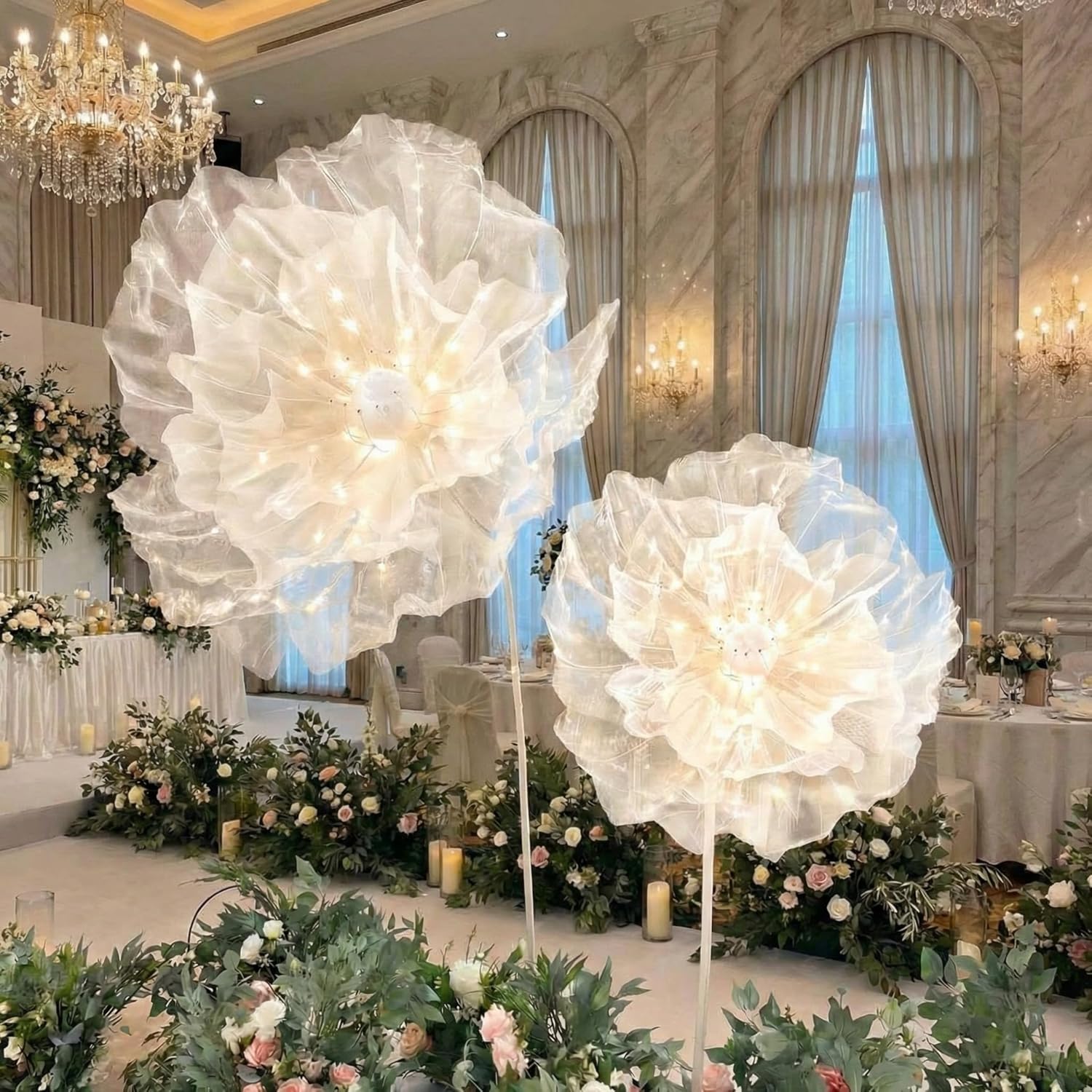 Yunsailing 2 Pcs 16, 24 in Giant LED Artificial Flower Large Silk Flower Decorations with LED Light White Faux Florals for Wedding Bridal Shower Graduation Birthday Party Supplies