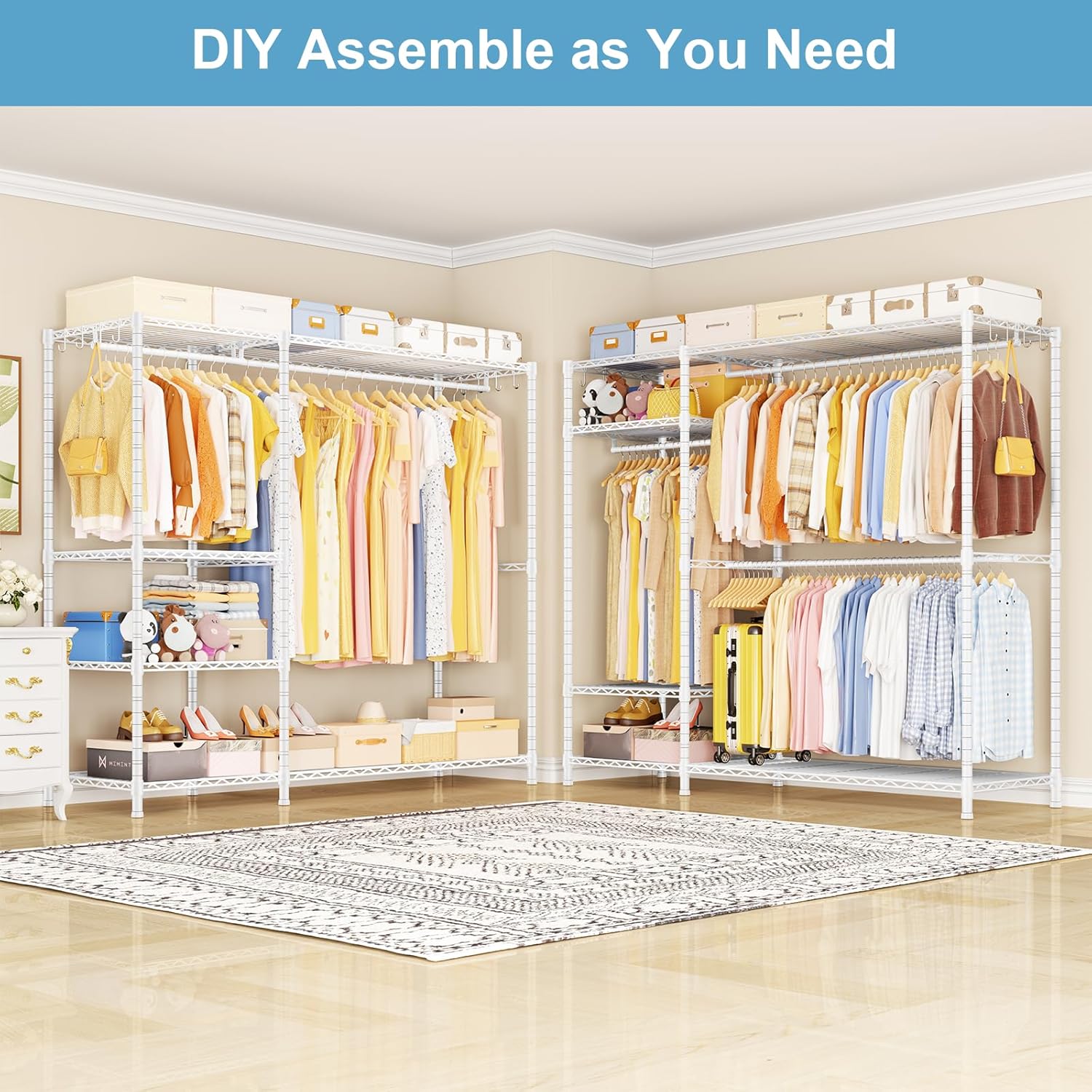 Ulif F7 Plus Garment Rack, Heavy Duty Clothes Rack, Clothing Racks for Hanging Clothes, 6-Tiers Freestanding Portable Closet Storage Rack 68'' W × 14.6'' D × 76.6'' H, Max Load 850 Lbs, White