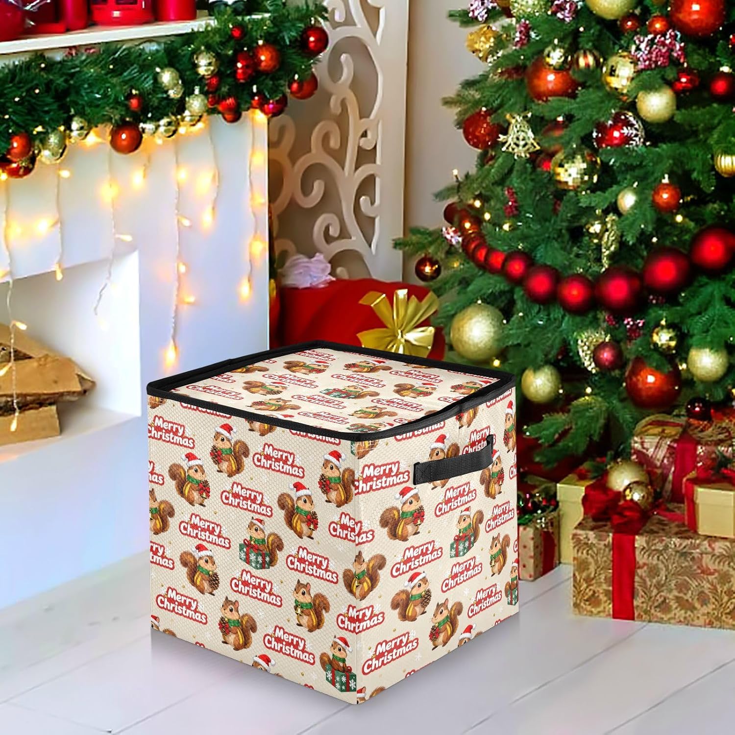 High Capacity Christmas ornament storage Holds Up to 64, Adjustable Dividers, Zippered Top, Two Handles foldable Holiday Storage Case with Lid,Merry Christmas Brown Squirrel