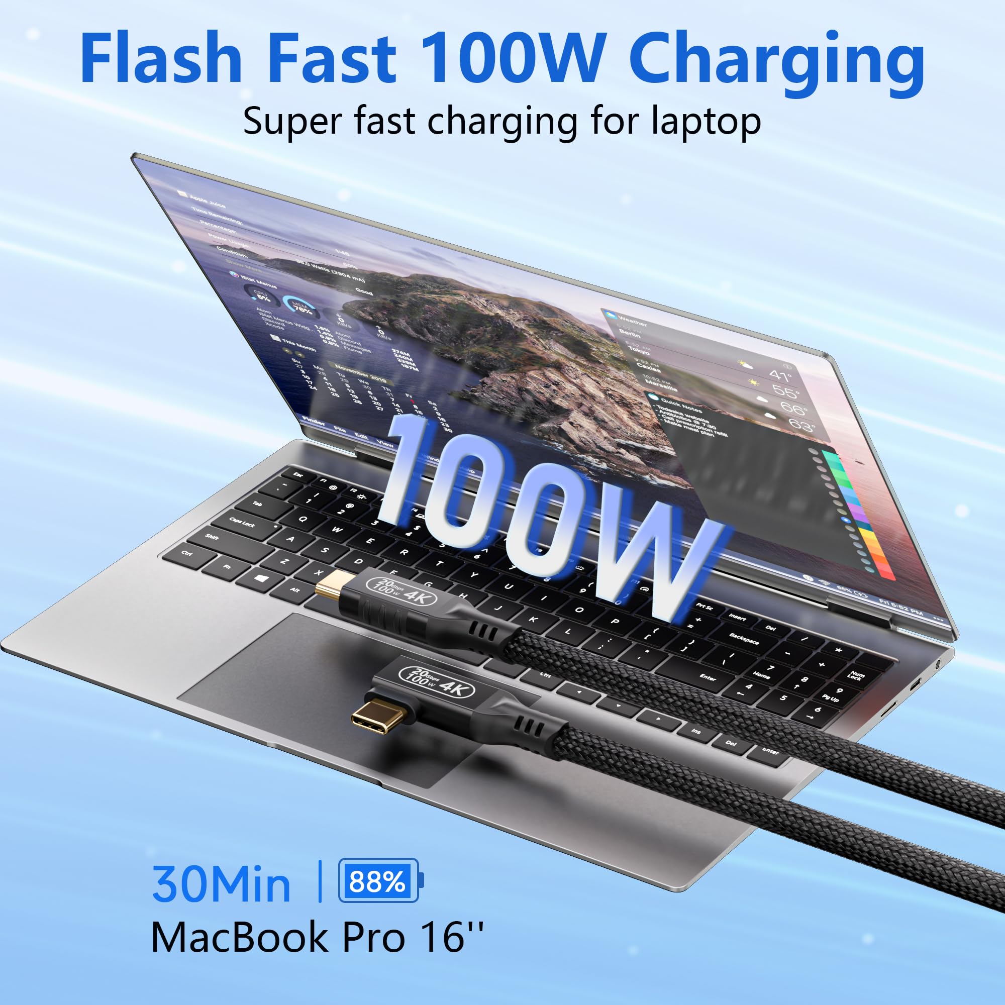 Cable USB C a USB C de 90 grados de 16.5 pies, transferencia de datos de alta velocidad de 20 Gbps, cable de carga largo USB C en ángulo recto, cable de monitor USB-C USB-C, video 4K 60Hz