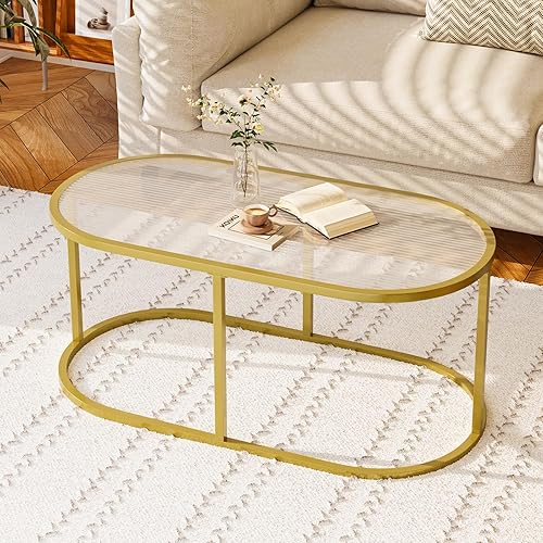 Miniatura 12 de Mesa auxiliar de cristal dorado para sala de estar, mesa central ovalada de 2 niveles con marco de metal resistente, mesa moderna de vidrio templado