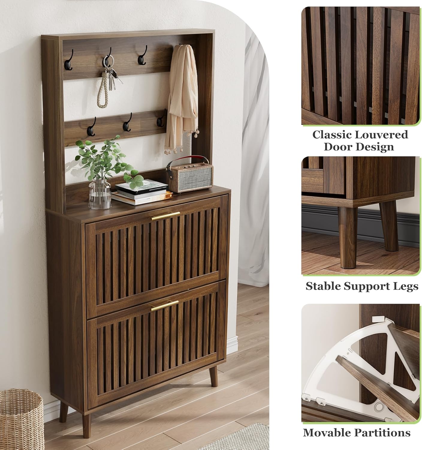 Tall Shoe Cabinet with Coat Rack, Shoe Storage Cabinet with Louvered 2 Doors, Tall Freestanding Entryway Shoe Cabinet with Adjustable Shelves, Modern Shoe Organizer Cabinet, Shoe Rack Cabinet (Walnut)