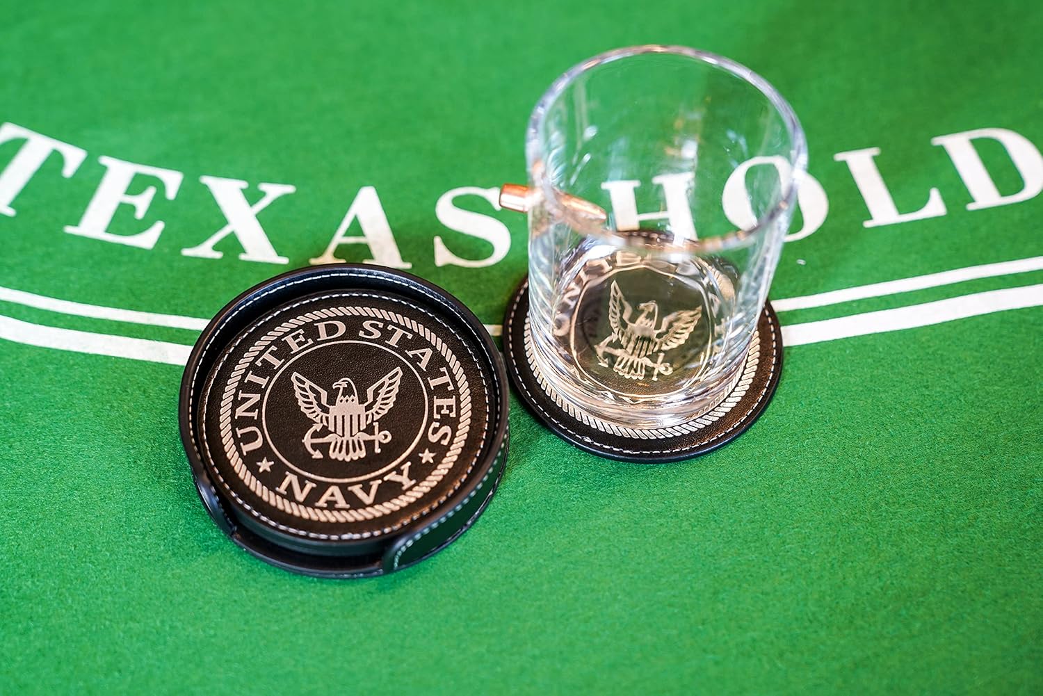 US Navy Leather Coaster Set - 4 Premium Coasters with Hot Stamped Foil Logo - Disabled Vet Owned Business-Navy Leather Coasters