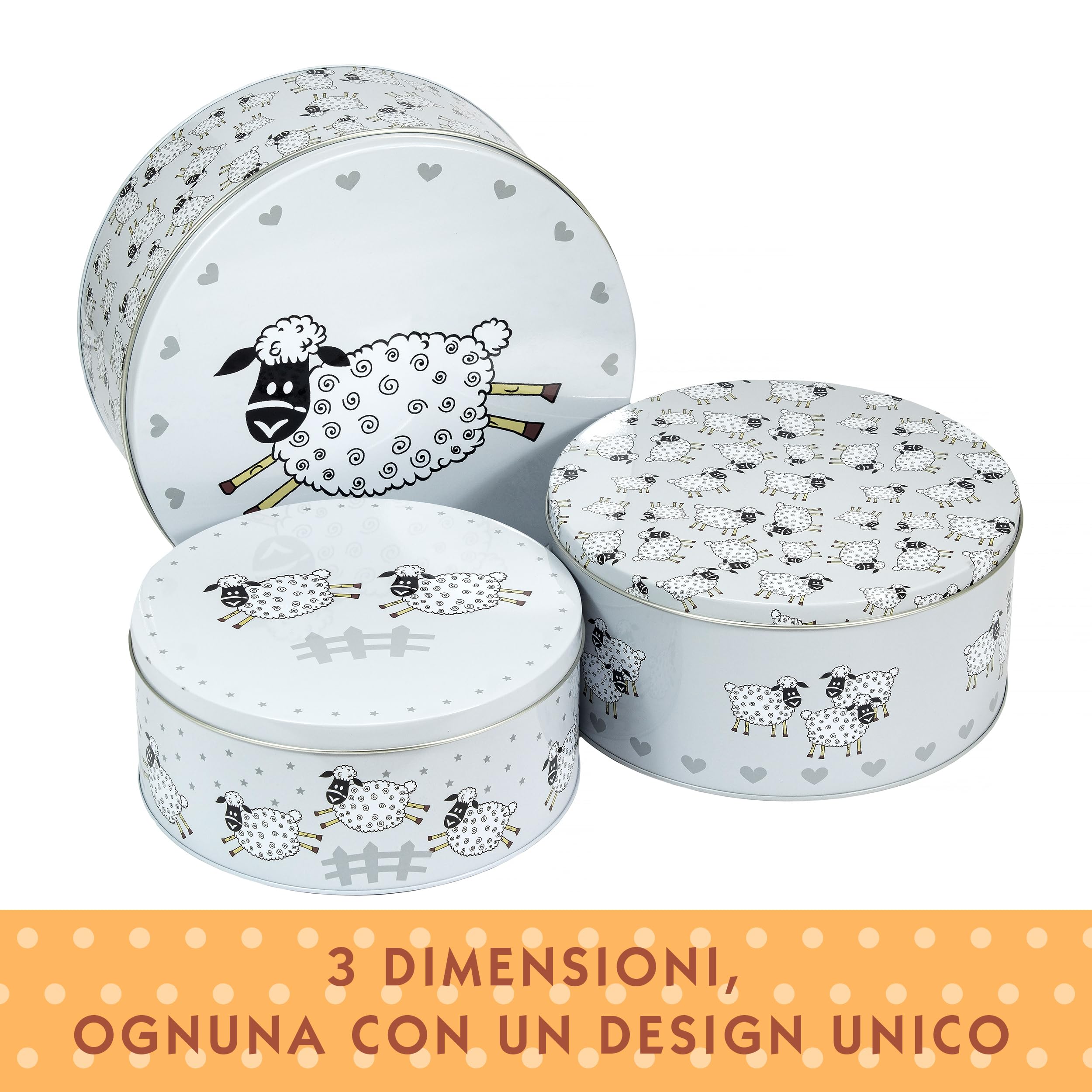 SPOTTED DOG GIFT COMPANY Set di 3 Scatole di Latta, Contenitori Impilabili per Biscotti in Metallo, Barattoli di Latta Rotondi Ermetici per Conservare Torte e Alimenti, Piccoli Medi Grandi - Pecore