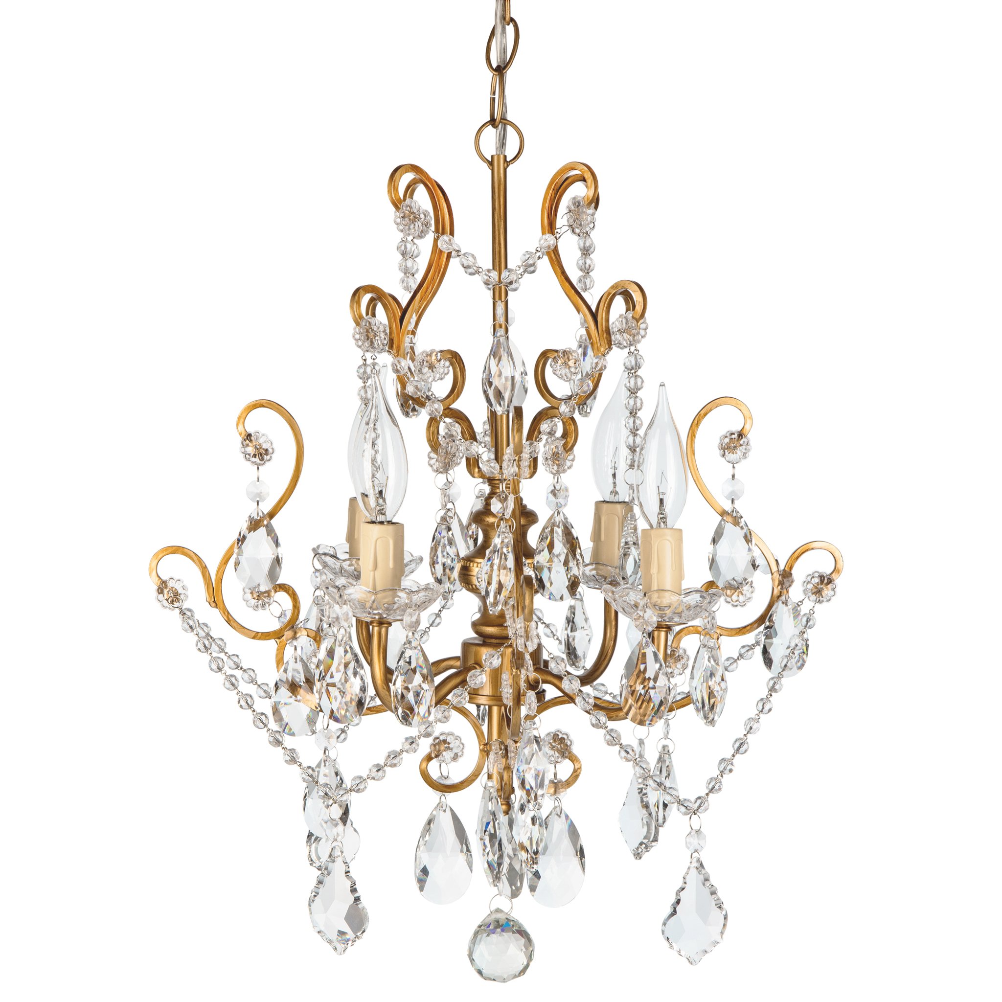 Amalfi Decor 4 Light LED Crystal Beaded Chandelier, Mini Wrought Iron K9 Glass Pendant Light Fixture Vintage Nursery Kids Room Dimmable Plug in Hanging Ceiling Lamp, Gold