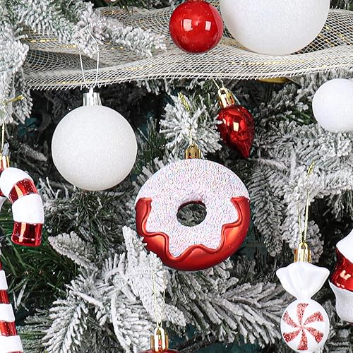 Miniatura 7 de Juego de 105 adornos de Navidad rojos y blancos, bonitos adornos de bolas de Navidad inastillables a granel, decoraciones de Navidad surtidas, bolas