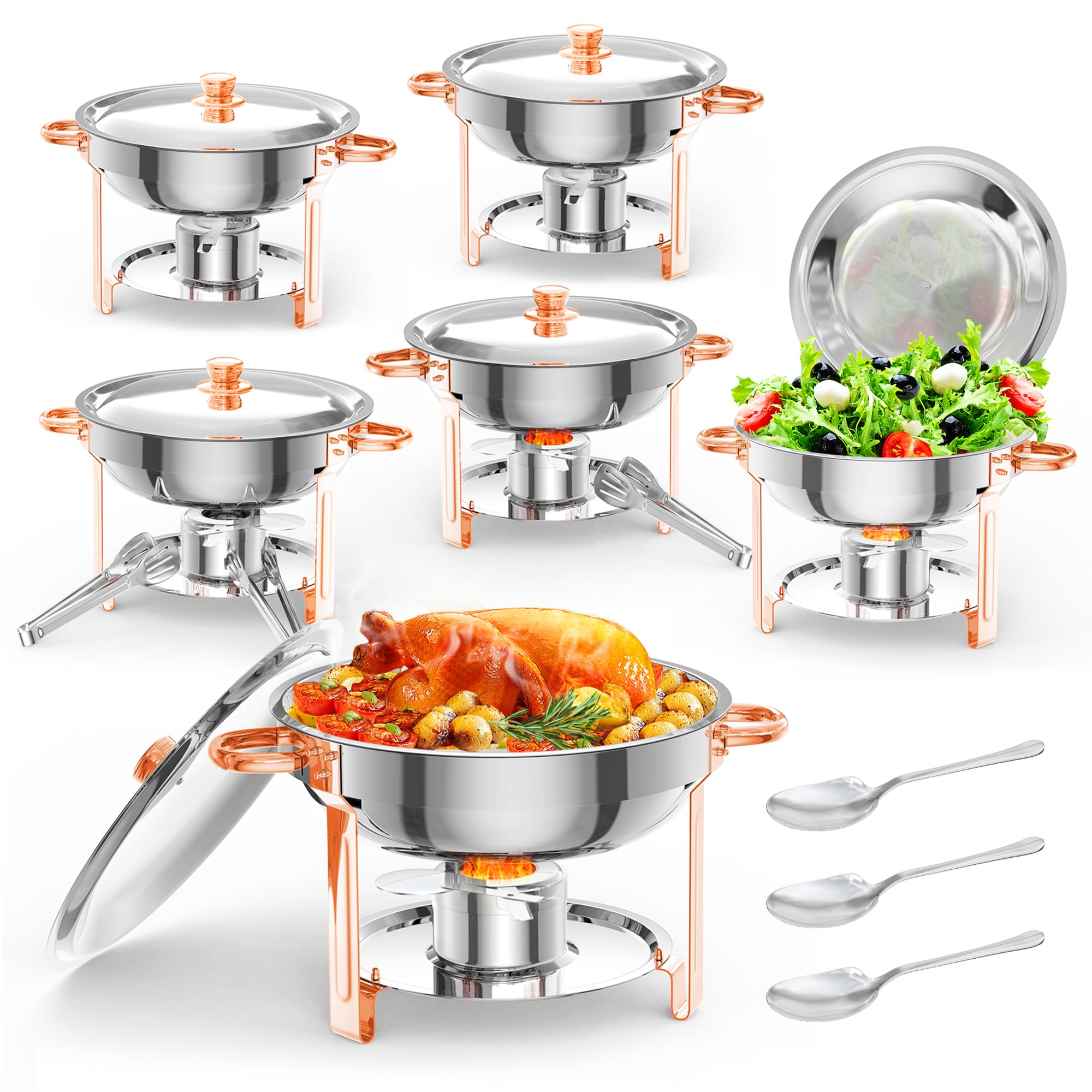 Chafing Dish Buffet Set, 5L Warmhaltebehälter Essen 6er Pack, Edelstahl Speisewärmer mit Deckel, Löffel & Pinzette, Rund Catering-Wärmespender für Hochzeiten Buffet Jede Party Veranstaltung Catering