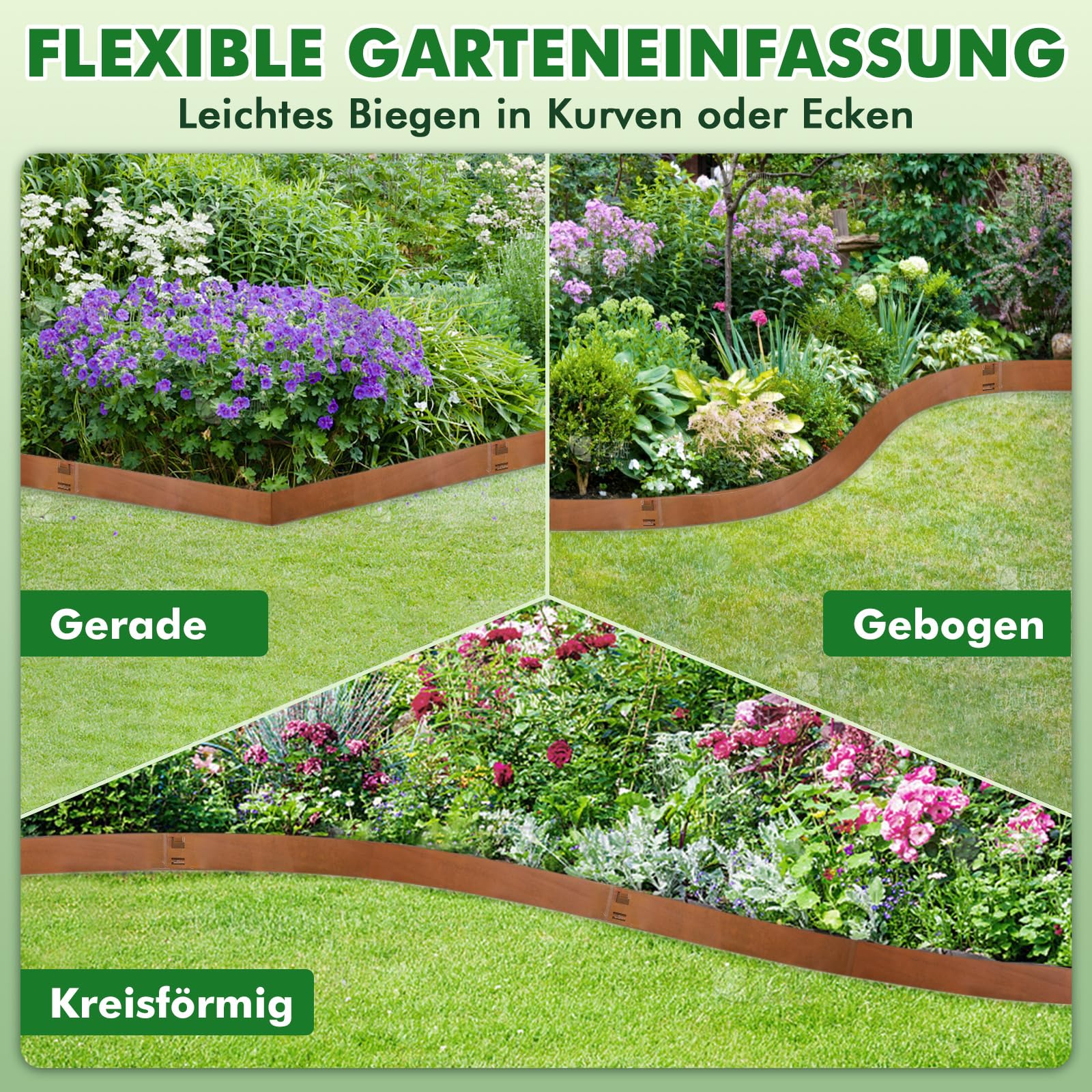 15er Set Cortenstahl Rasenkante – Metall Beeteinfassung in Braun, 107,5×20 cm, einschlagbare Gartenkante ohne Graben – Ideal für Rasen, Beete & Wege