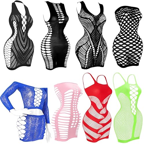 selizo Fishnet Lingerie Dress for Women, Black Fish Net Bodysuit Sexy Chemise Teddy Naughty Women's Mesh Lace Body Stockings - 8 Pack Multicolors