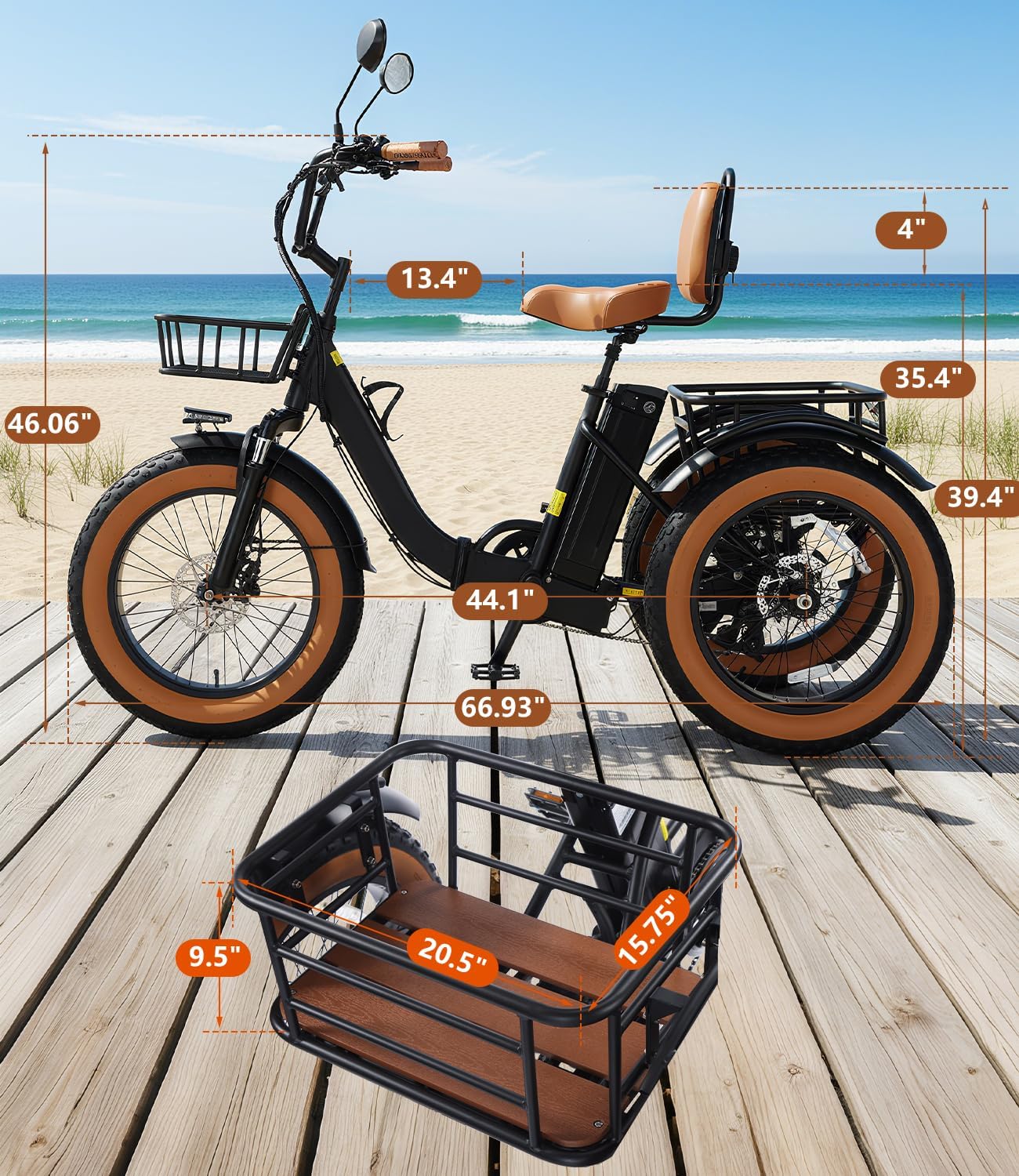 Electric Tricycle for Adult Folding etrike Adult Electric 3 Wheels Bicycle Peak 1350W Motor Aluminum Frame Electric Trike 48V15.6AH Lithium Battery 20×4.0" Fat Tire & Rear Differential