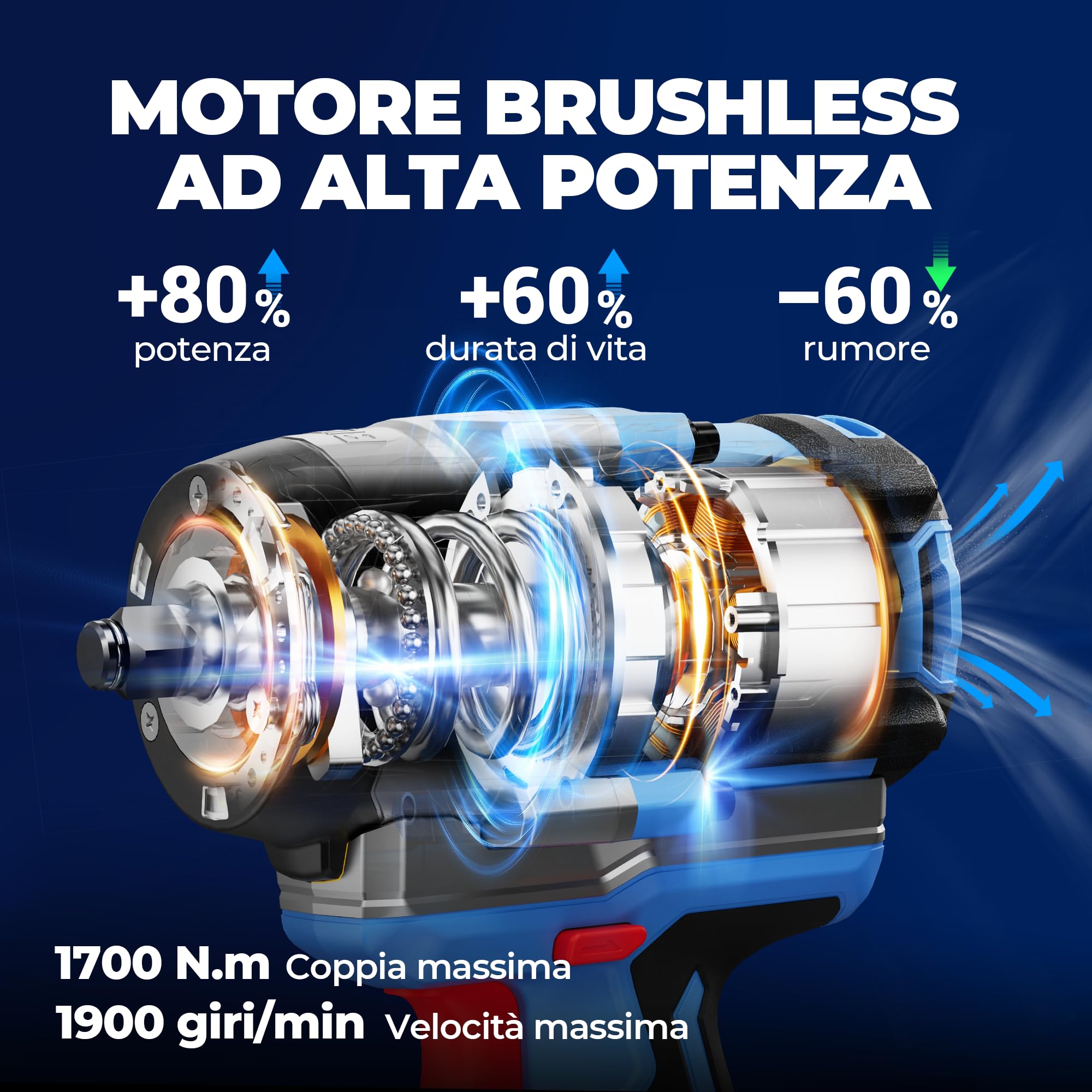 Dong Cheng Chiave a impulsi senza fili Brushless 1/2", 1700 Nm, 3 vel. 0-1900 giri/min, 2x5,0Ah + carica rapida + 3 bussole, per bulloni arrugginiti M10-M24