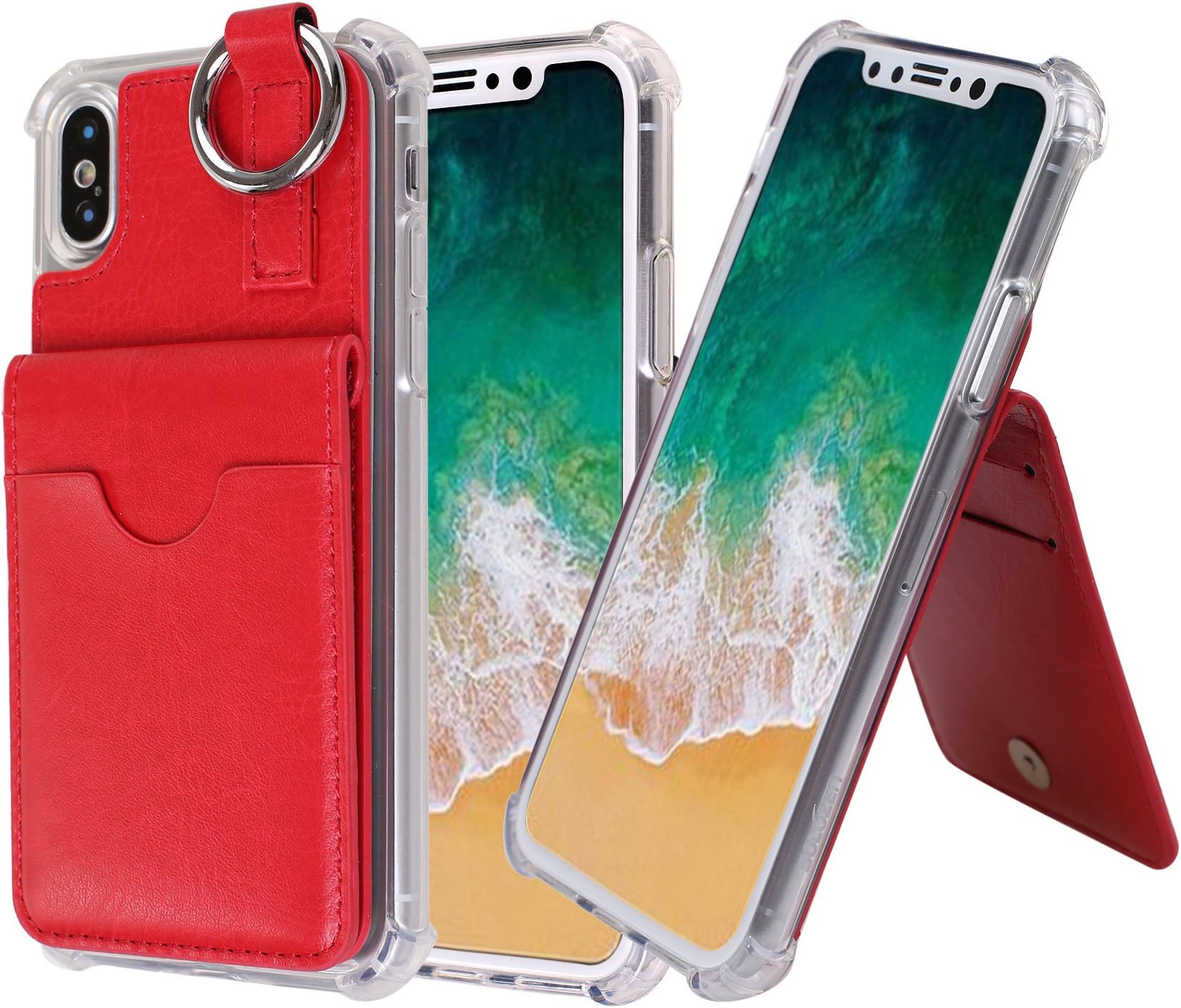 iPhone X Case, [Pocket Ring Bumper] Credit Card Case [Kick Stand] Protective Hybrid Case [Key Ring Holder] with 3 Cards Slot Wallet for iPhone X (Red)