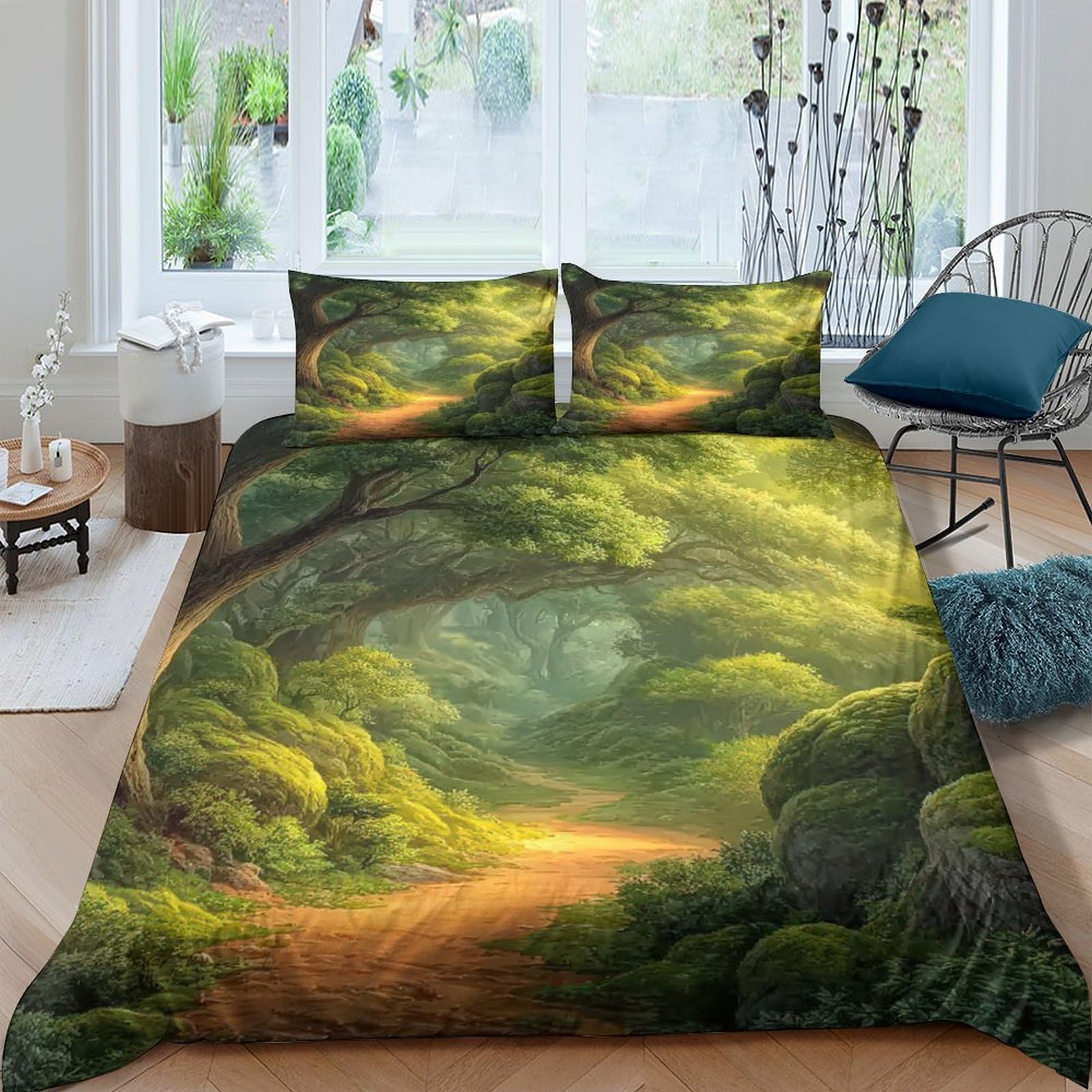 Ctjqhvkz Style-4 3D Printed Forest Path Fitted Sheet Microfiber Soft Moss Green Woodland Mattress Cover Bedroom Decor Machine Washable Single（135X200cm）