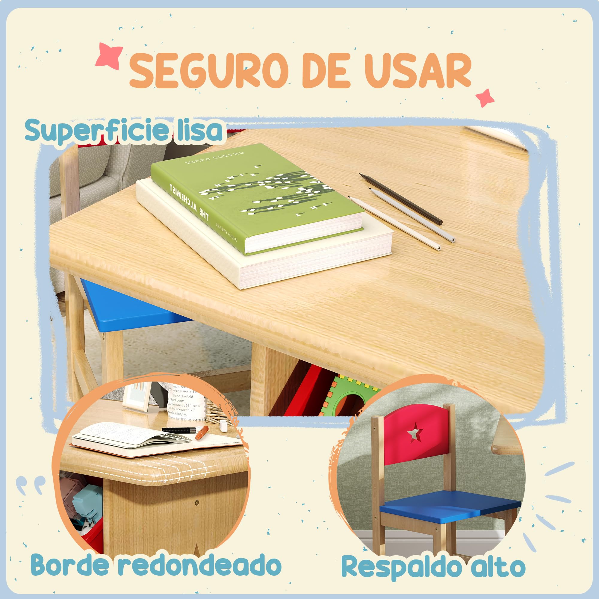 AIYAPLAY Mesa y Sillas Infantiles de 3 Piezas, Mesa Infantil, Natural | 2 Sillas, 4 Cestas de Almacenamiento, Juego de Muebles para Actividades, Niños de +3 Años, Sala de Juegos
