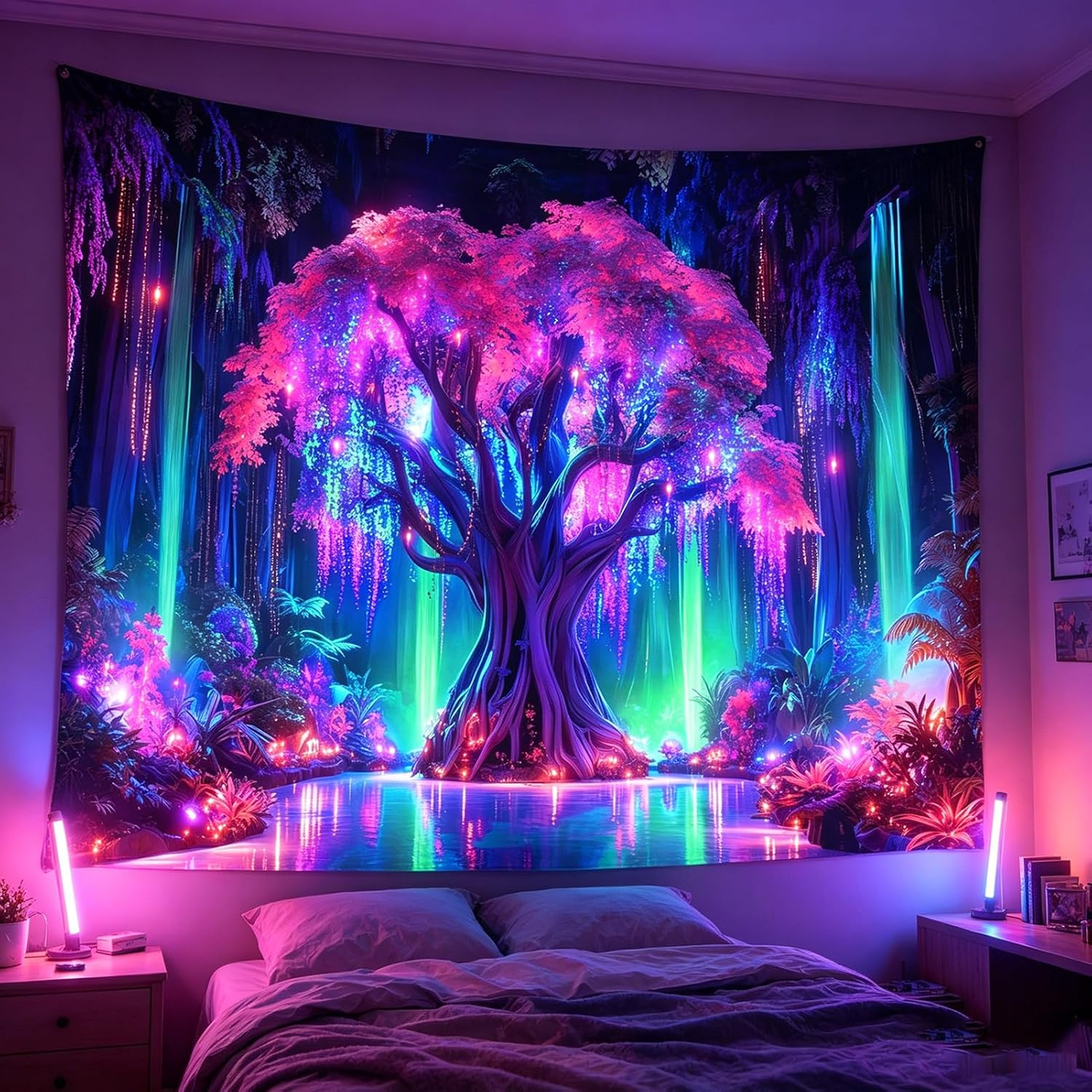 Blacklight Tree of Life Tapestry, Aesthetic Black Light Tapestries for Adults, Fantasy Fairy Forest Colorful Wall Art for Bedroom, Living Room & Party Decor (60 x 50 Inches)