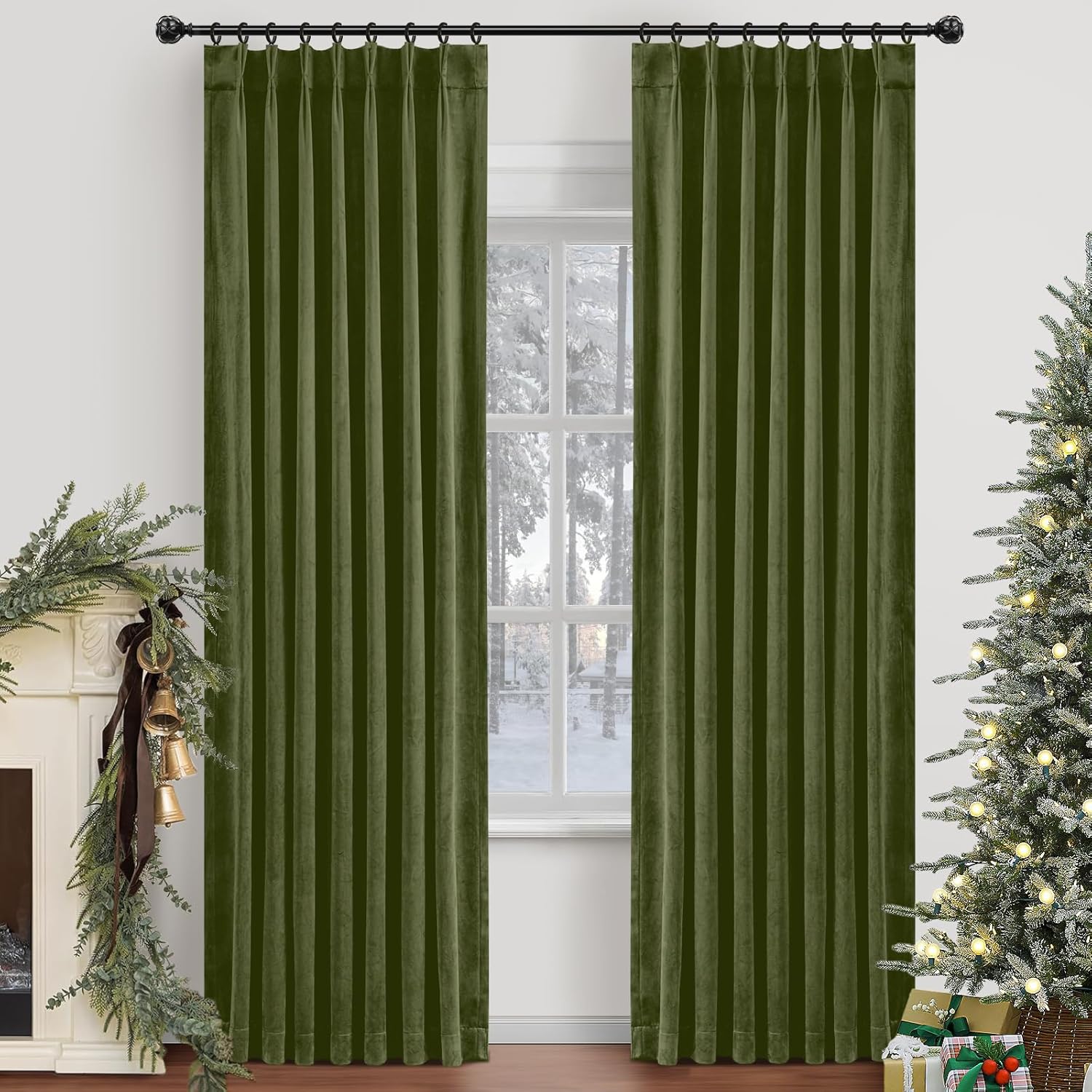 Velvet Pinch Pleated Blackout Curtains 96 Inch Length 2 Panels with Hooks, Luxury Curtains for Bedroom Living Room, Back Tab Soft Room Darkening Drapes, W40xL96, Olive Green