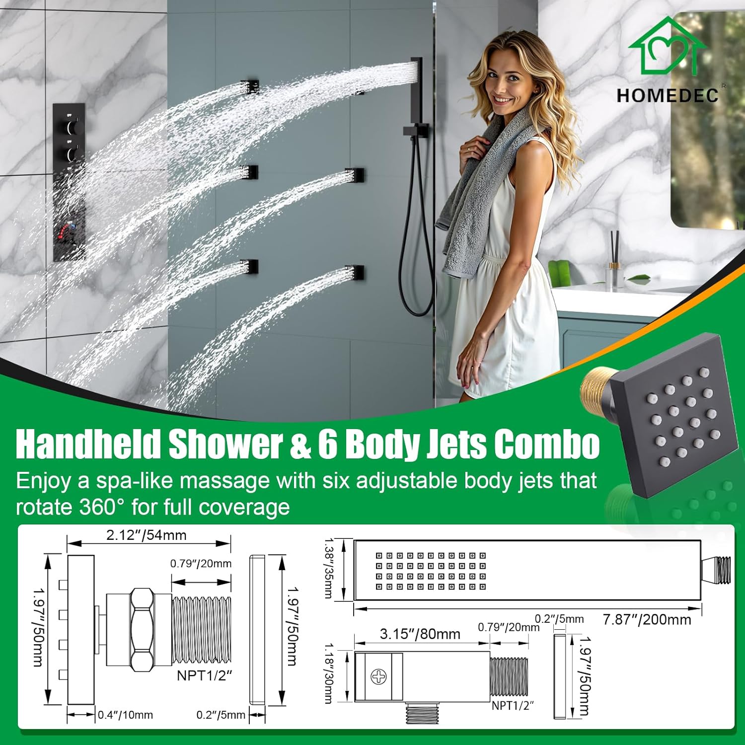 HOMEDEC 14x20inch LED Rainfall Shower System with 6" Wall Mounted Shower Head, 4 Way Thermostatic Diverter Valve, Body Sprays and Handheld, Black