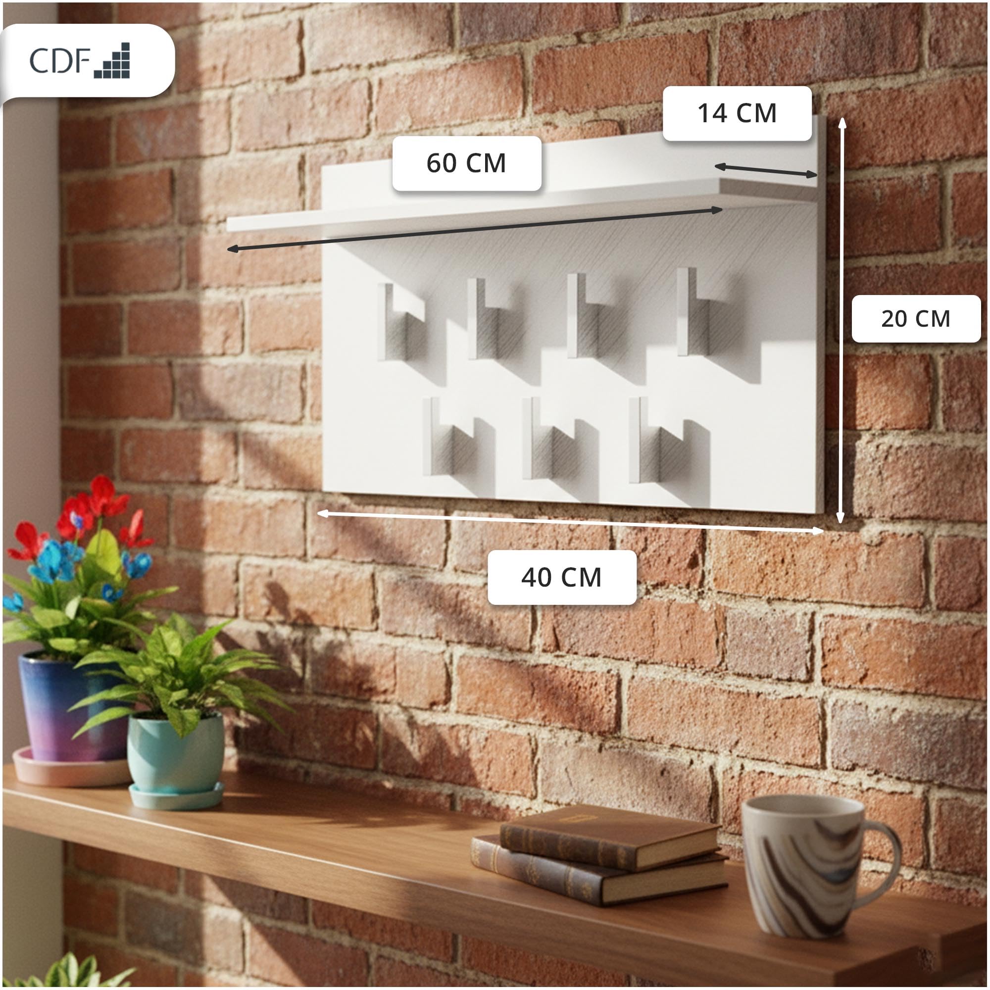 CDF Appendiabiti a Parete con Mensola Pannello Guardaroba da Muro con 7 Ganci per Ingresso Corridoio Ufficio Design Moderno Salvaspazio 70 x 20 x 40 cm - Bianco
