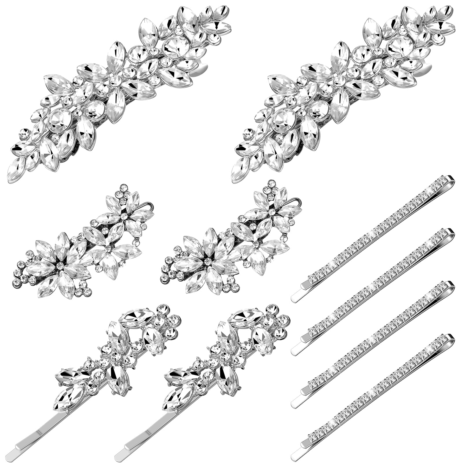 Janinka 10 fermagli per capelli da sposa con strass, forcine per capelli da sposa, forcine argentate per capelli a forma di foglia e fiore, eleganti accessori per capelli per sposa, donne e ragazze