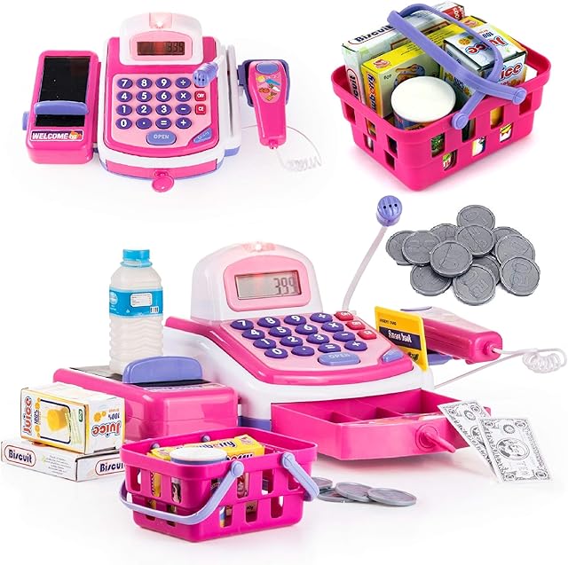 Prextex Children Pretend Playset Electronic Toy Cash Register - STEM Toy with Microphone Speaker and Play Money for Kids, Kids Toy, Grocery Store Supermarket Playset, Learning Resources